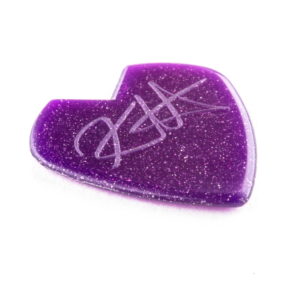 Purple glittery heart-shaped guitar pick with a signature on a white background