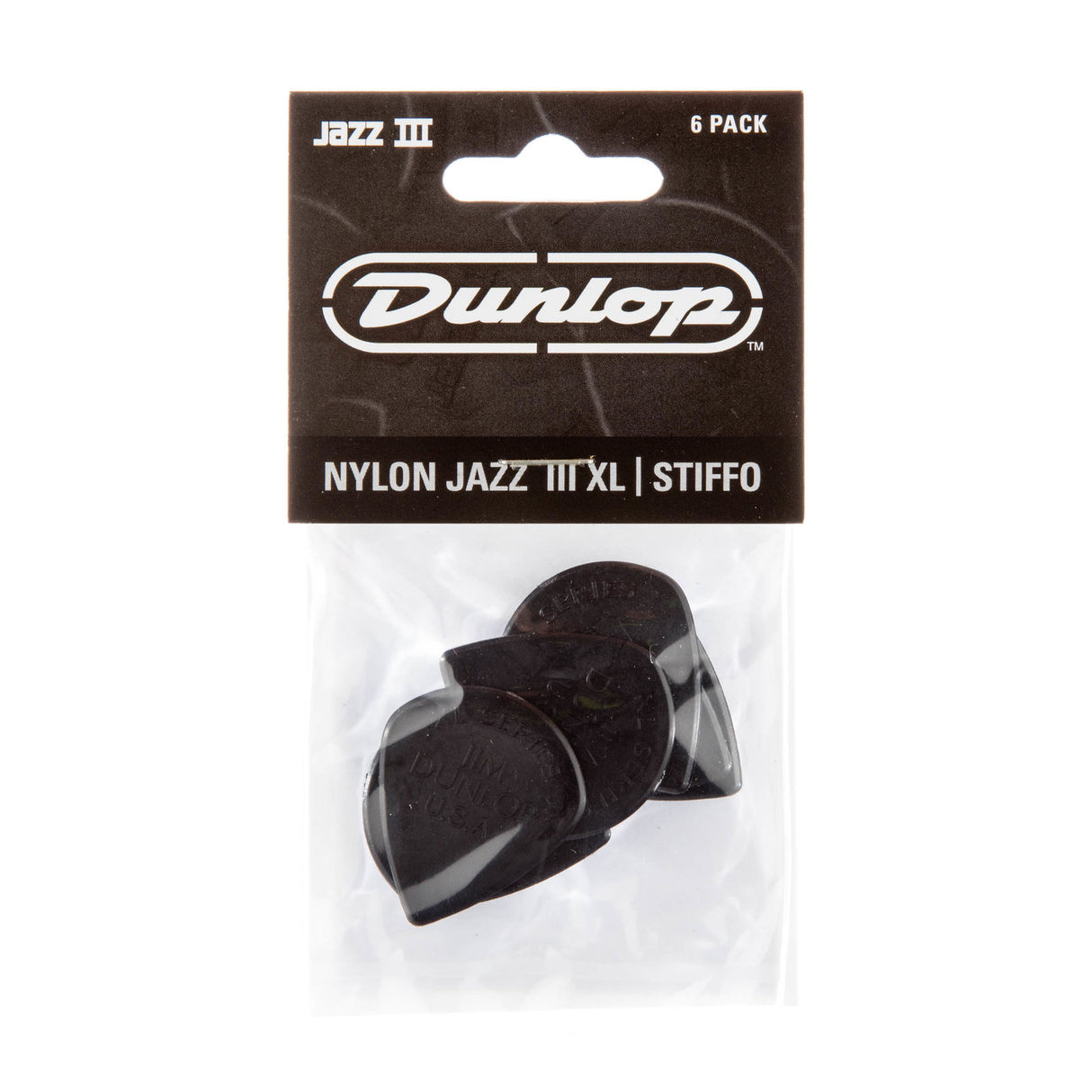 Dunlop guitar pick packaging with six picks inside on a white background