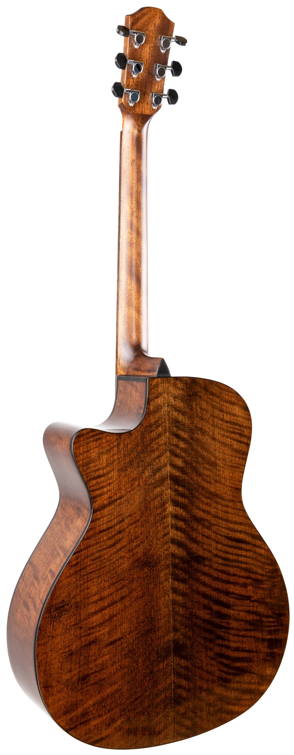 The image shows a high-quality acoustic guitar photographed from the back/side angle. It features a flamed maple back and sides with a rich amber finish and a polished neck. The headstock has six chrome tuners with black knobs in a 3+3 layout. The guitar has a cutaway design, medium-sized body, and clean binding, highlighting fine craftsmanship and premium materials.