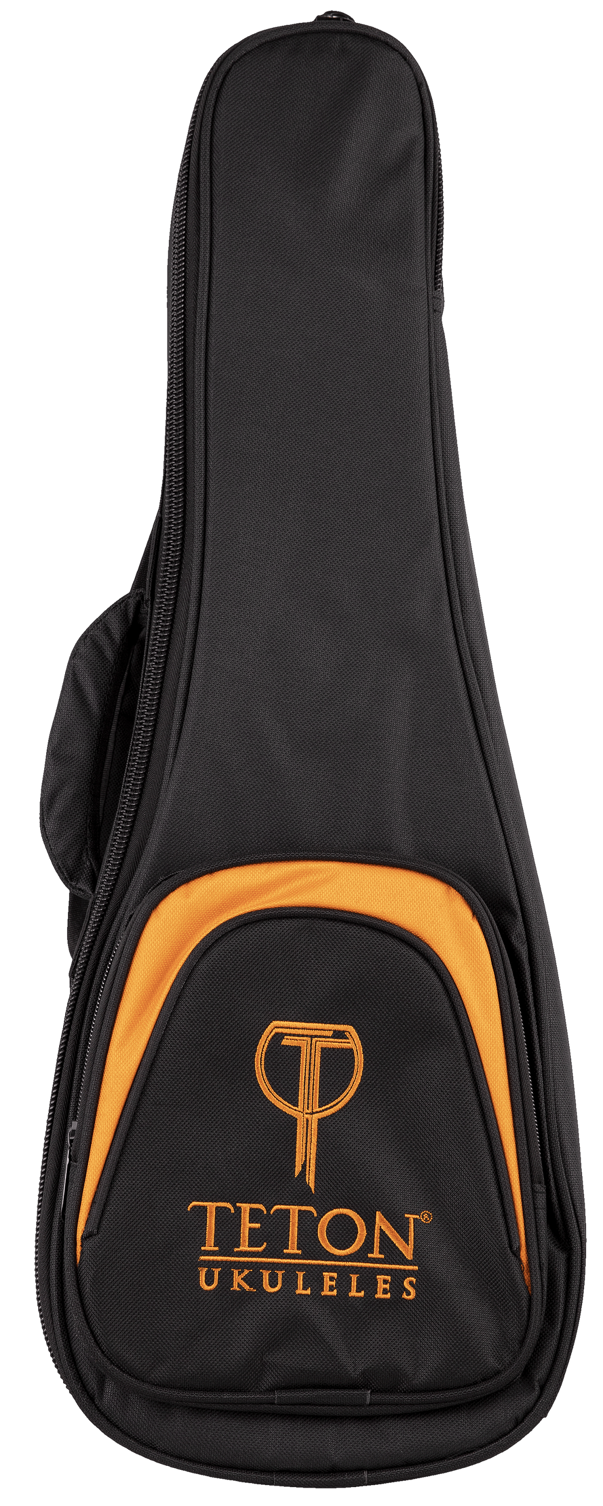 The image shows a black ukulele gig bag with orange accents and the "TETON UKULELES" logo in orange on the front pocket. Made from durable nylon, it has padding for protection, a full-length side zipper, and a front accessory pocket. The orange trim contrasts with the black design. This lightweight, portable soft case is designed to safely carry and protect ukuleles.