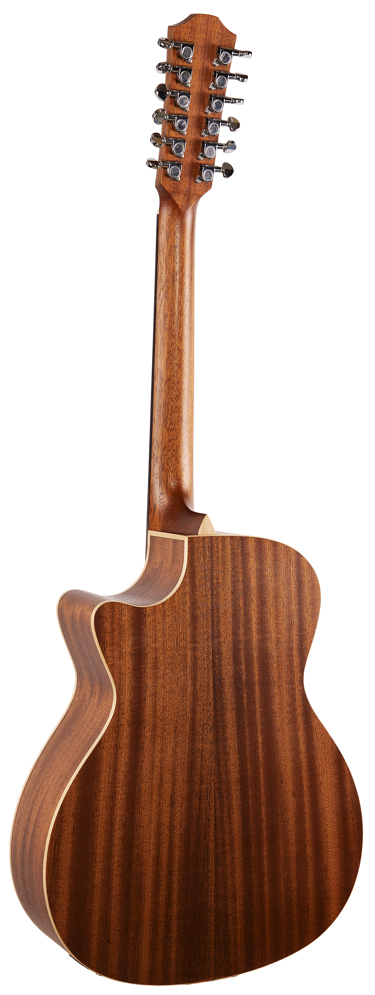 The image shows the back of a 12-string acoustic guitar, identified by its twelve tuning pegs on the headstock. It features a wooden body and neck with a natural wood finish. The guitar's design indicates it is a quality instrument, suitable for various music genres. No music sheets or accessories are visible in the image.