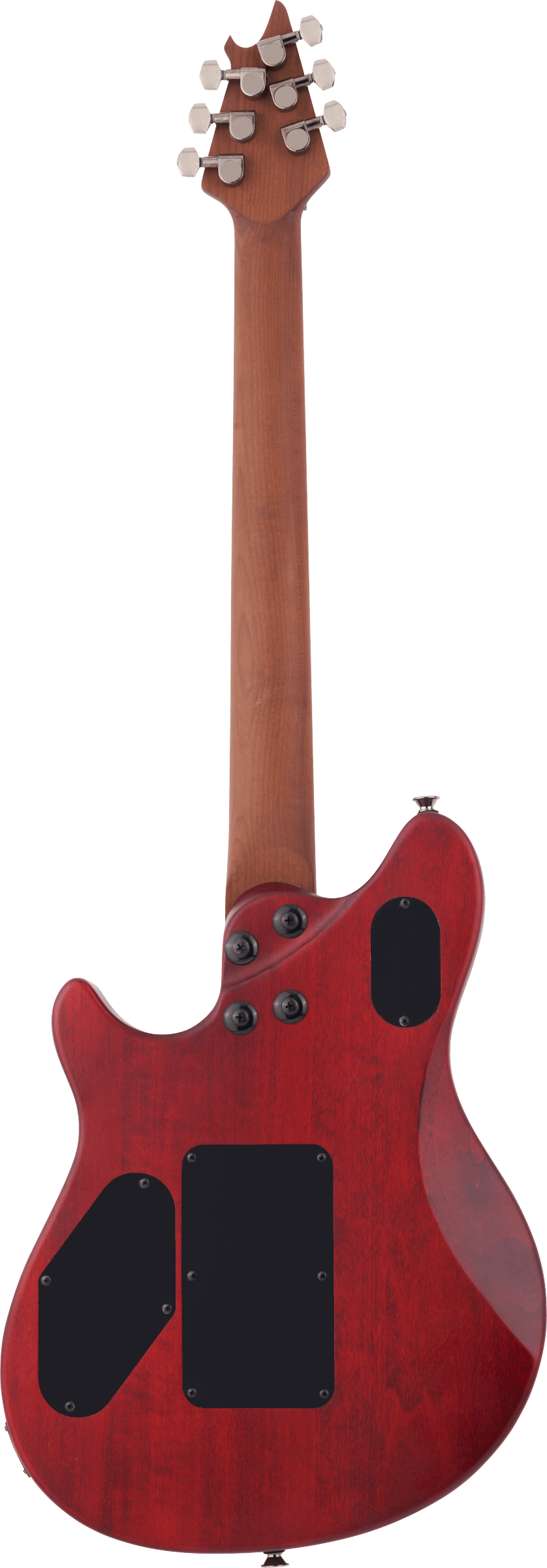 The image shows the back of a solid-body EVH Wolfgang WG Standard Exotic Koa electric guitar with a red/burgundy quilted finish and a natural wood neck. It features a distinctive angled headstock with chrome tuning pegs, black plate covers, and chrome hardware.