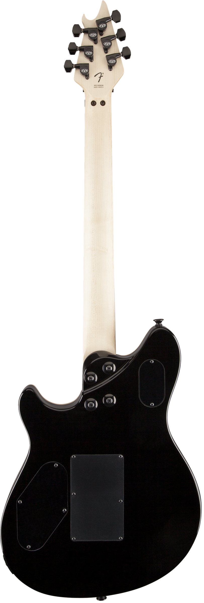 The image shows the back of a black EVH Wolfgang® Special electric guitar featuring a light-colored maple headstock with six black tuning pegs in a 3+3 layout and a central logo. The maple neck contrasts with the sleek black, offset-style body. Visible hardware includes a neck plate with screws and a rectangular electronics cavity cover. The guitar has a clean, professional finish with quality components and a classic look.