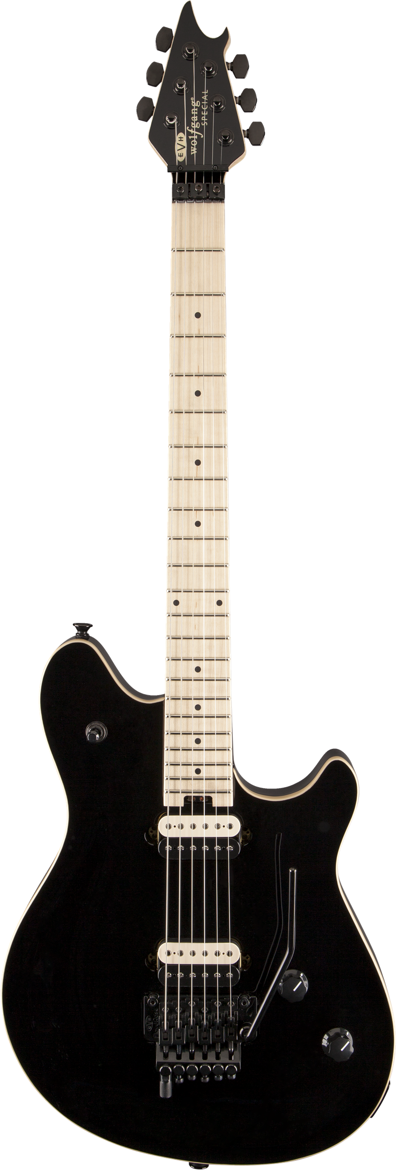 The image shows a modern solid-body electric guitar with a black finish and elegant binding. It features two humbucker pickups, a tremolo bridge, volume and tone controls, and black hardware. The light-colored maple neck has multiple dot fret markers and six tuning pegs on the headstock with visible branding. The guitar’s sleek, contoured design suggests it is a versatile, intermediate to professional instrument suitable for various styles.