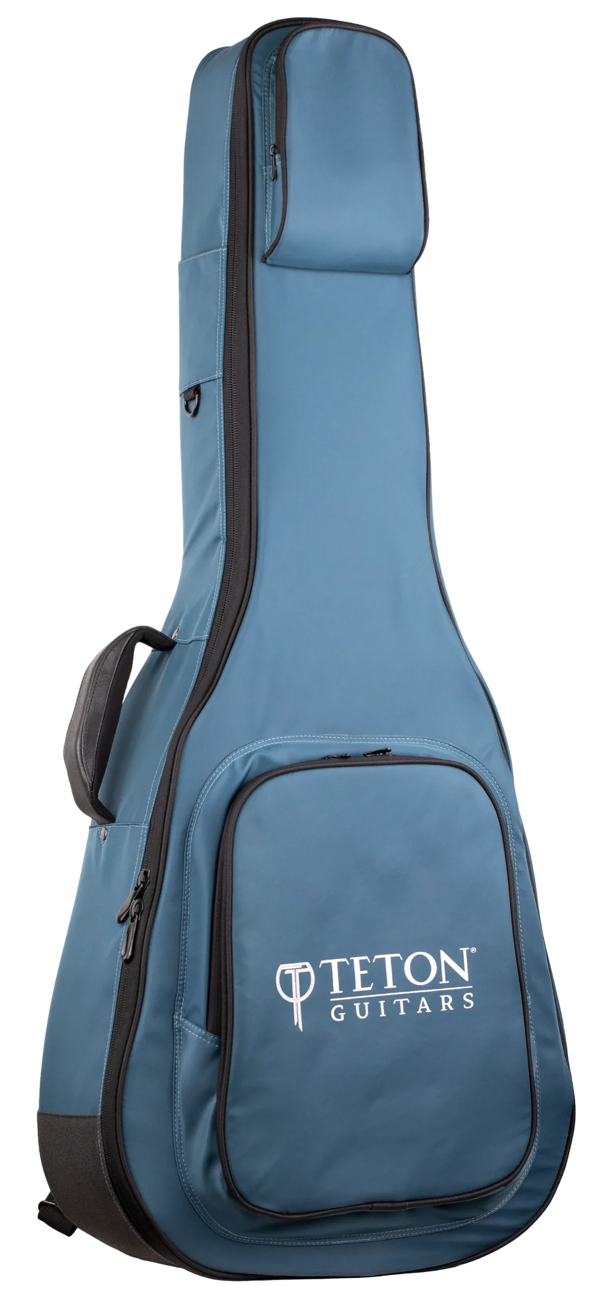 The image shows a blue Teton Guitars padded gig bag for acoustic guitars, featuring black trim, the "TETON GUITARS" logo on the front pocket, multiple compartments for accessories, padded shoulder straps, and a full-length zipper. Made from durable nylon-like material, it offers lightweight, protective transport ideal for Teton and most standard acoustic guitars.