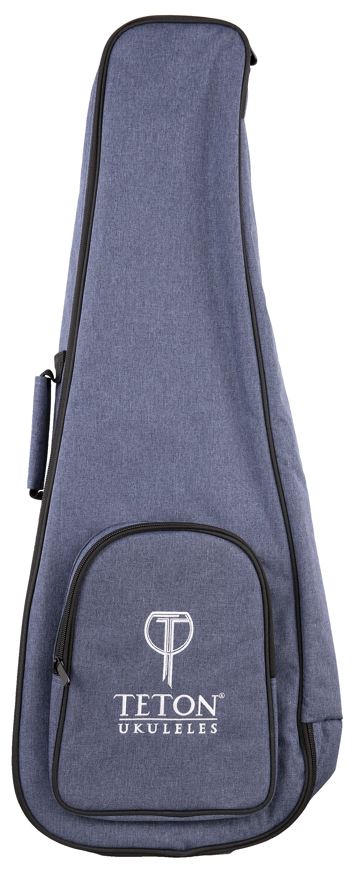 The image shows a TETON Music ukulele gig bag made of blue denim-like fabric with black trim. It features the "TETON UKULELES" logo on the front zippered pocket. The padded soft case includes a main compartment for a ukulele, accessory storage, carrying handles, shoulder strap capability, and a full-length zipper for easy access, offering stylish, practical protection for the instrument.