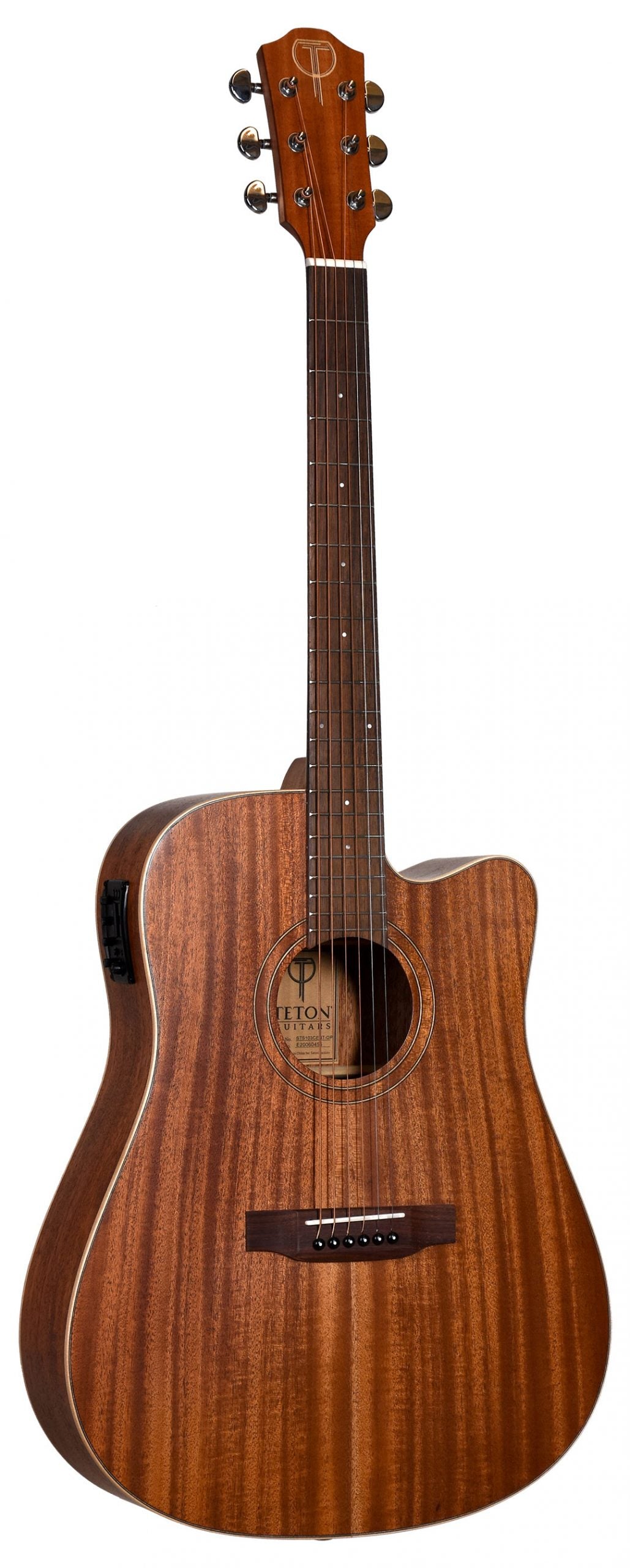 The image shows a Teton acoustic-electric guitar with a mahogany-like wood body and natural grain. It features a single cutaway for easier fret access, six strings, chrome tuning pegs (3 per side), a round sound hole with a decorative rosette, a standard bridge with string pins, and visible pickup electronics for amplification. The guitar has a large dreadnought-style body, known for a rich, versatile tone.
