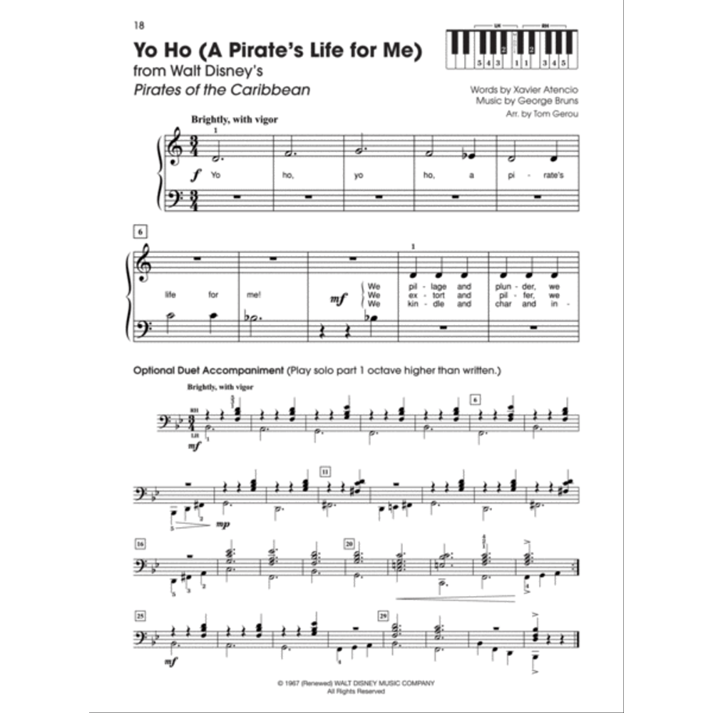 The image shows a page of piano sheet music for "Yo Ho (A Pirate's Life for Me)" from Disney's Pirates of the Caribbean. It features treble and bass clefs in 3/4 time, marked "Brightly, with vigor," with lyrics beneath the melody. The page includes an optional duet section, finger diagrams, credits, dynamics, measure numbers, and a copyright notice from 1967.