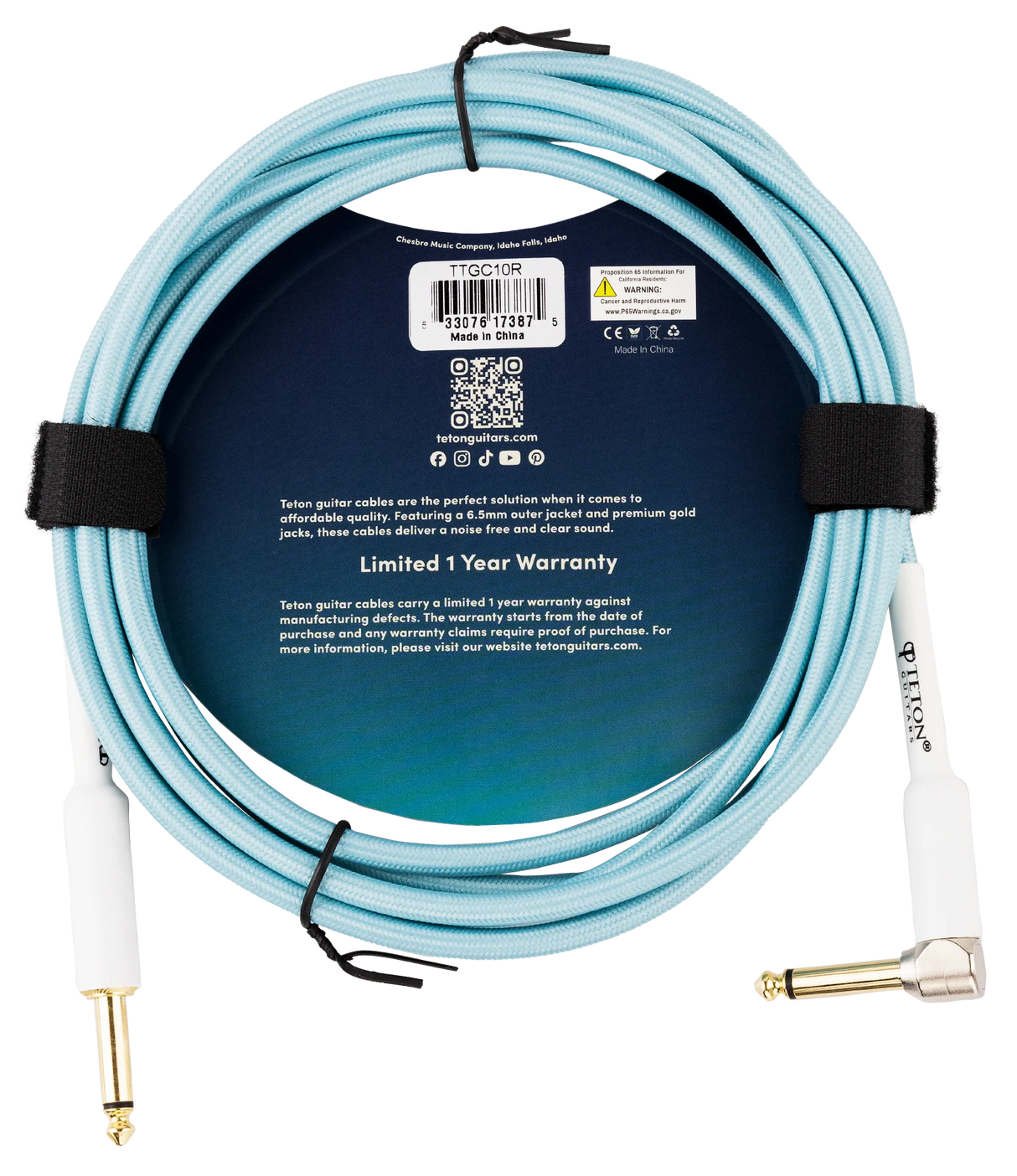 The image shows a Teton TTGC10R guitar cable with a light blue braided exterior, gold-plated 1/4" connectors (one straight, one right-angle), and a 6.5mm jacket. It is marketed for noise-free, clear sound and affordable quality, backed by a 1-year warranty. Packaging includes a barcode, QR code, social media info, CE mark, and states it is made in China. Suitable for connecting guitars or basses to amps and pedals.