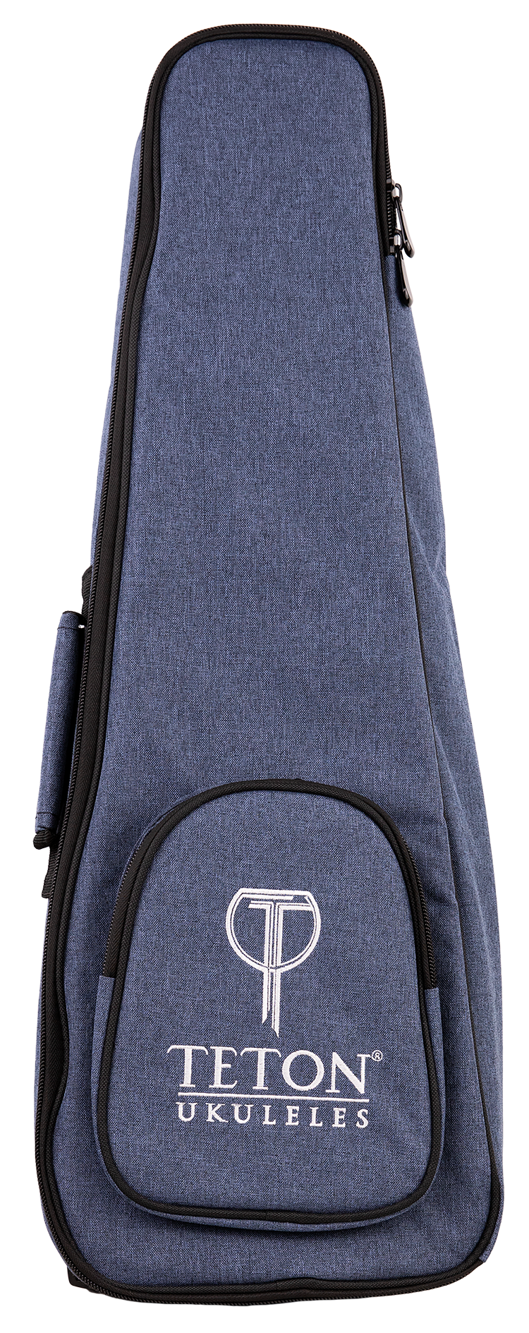 The image shows a blue denim-like ukulele gig bag with the "TETON UKULELES" logo on the front pocket. It features a zippered closure around the perimeter, a front storage pocket, and carrying straps (partially visible). This padded soft case is designed to protect and transport a ukulele, offering a lightweight, protective option. Teton is a well-known brand for acoustic instruments and accessories.