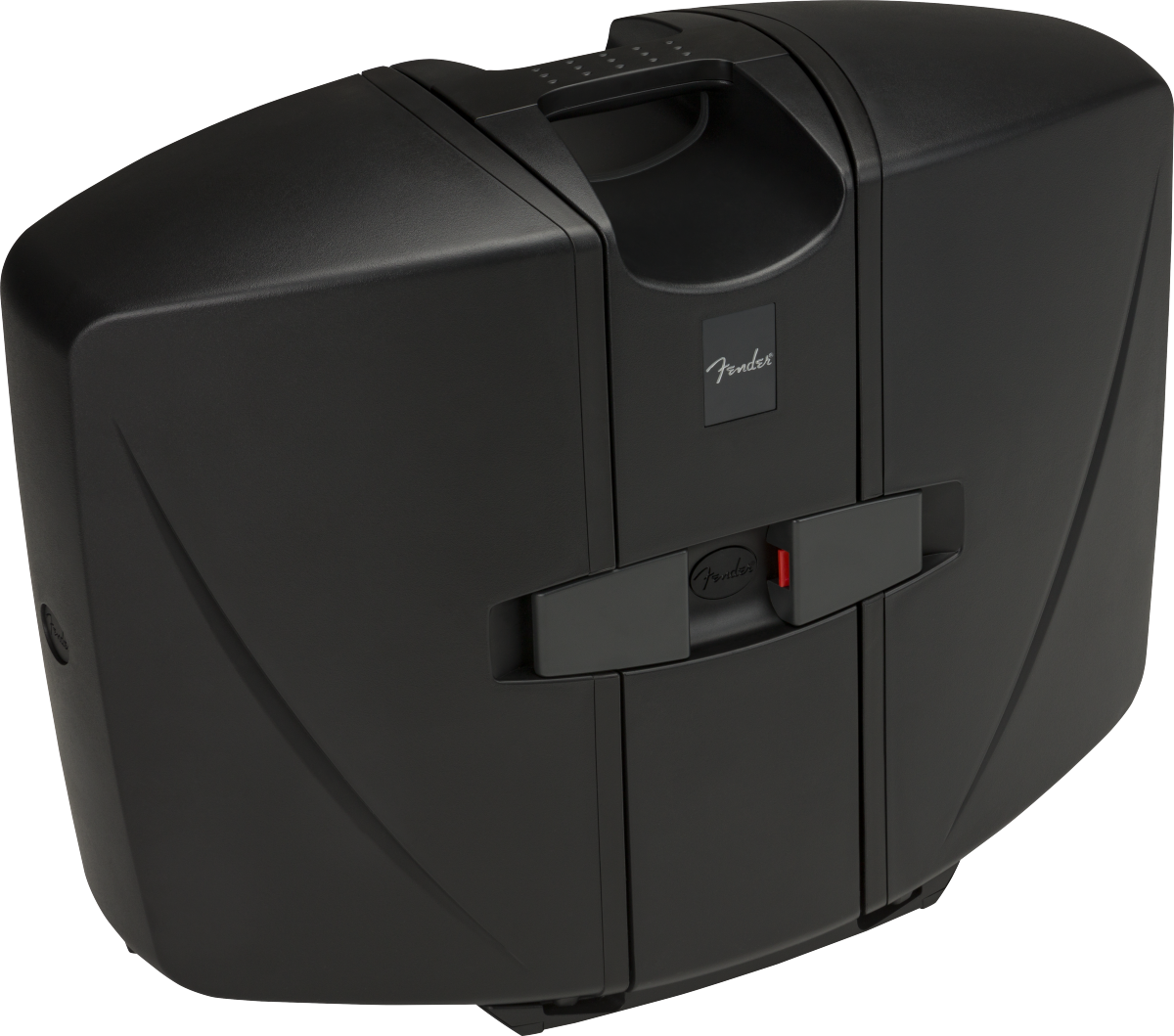 The image shows a black Fender molded hard instrument case with a sleek design. It features the Fender logo, durable construction, secure latches with red indicators, a carrying handle, and reinforced corners. Designed for guitars or basses, it offers professional-grade protection for transporting Fender or similarly sized instruments.