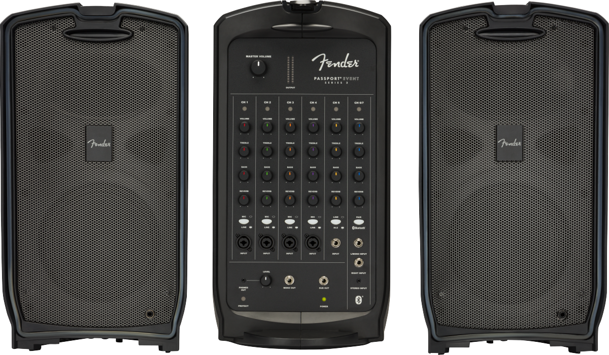 The image shows a Fender Passport Event Series portable PA system, including two black full-range speakers with mesh grilles and a central mixer with 6 input channels, EQ controls, XLR and 1/4" jacks, master volume, outputs, and Bluetooth. Designed for musicians, speakers, and small events, it is portable, user-friendly, and delivers clear sound for performances and presentations.