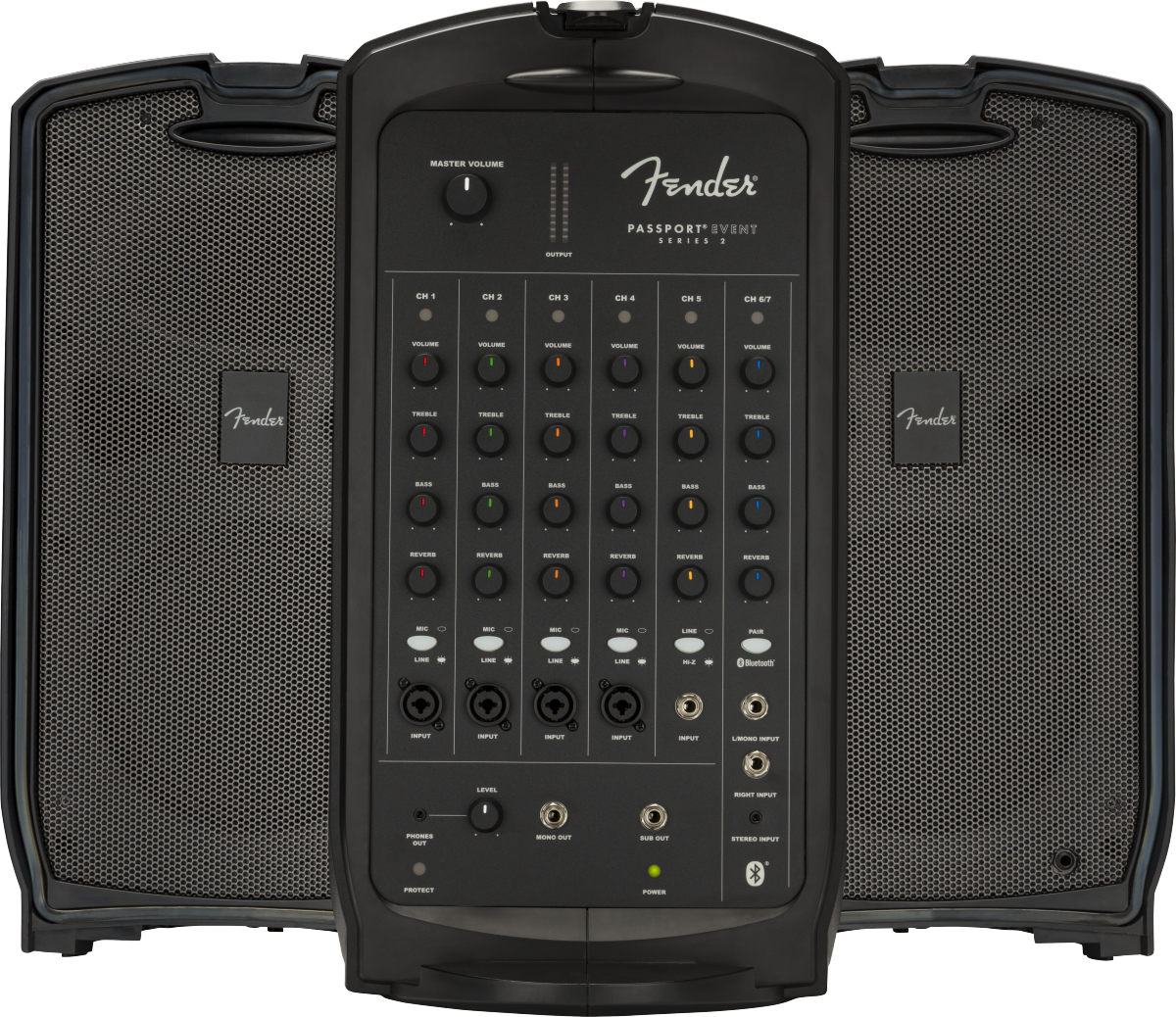 The image shows a Fender Passport Event Series 2 portable PA system with two detachable speakers and a central mixer unit. It features a 6-channel mixer with volume, tone, and reverb controls, multiple input options including XLR, 1/4" jacks, and Bluetooth. Designed for portability and easy setup, it suits solo musicians, small bands, presenters, and DJs needing compact, versatile sound for small to medium venues.