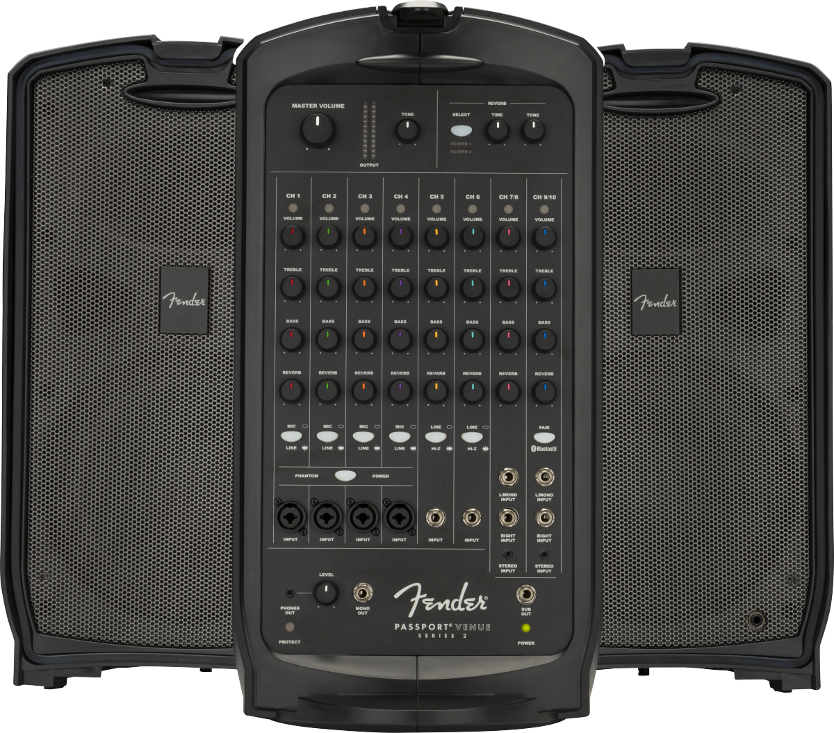The image shows a Fender Passport Venue Series 2 portable PA system featuring two detachable speakers with Fender logos and a central mixer/amplifier unit. The mixer has 8 channels with volume, treble, bass, and reverb controls, color-coded knobs, multiple inputs (XLR, 1/4"), Bluetooth, phantom power, and master controls. Its compact, suitcase-style design is ideal for musicians and presenters needing portable sound reinforcement.