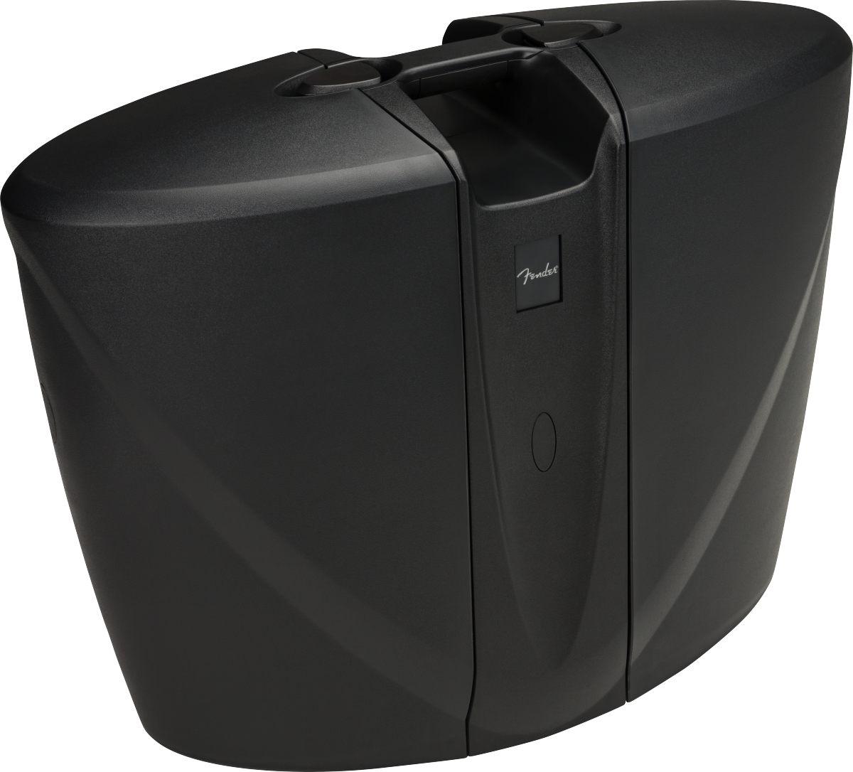 The image shows a black Fender molded hard case with a sleek, matte finish and smooth curves. It features a sturdy top handle and secure latches. Designed for a guitar or similar stringed instrument, the durable hard shell offers strong protection for transport. The modern, professional look makes it ideal for musicians carrying their instruments to gigs, recordings, or travel.