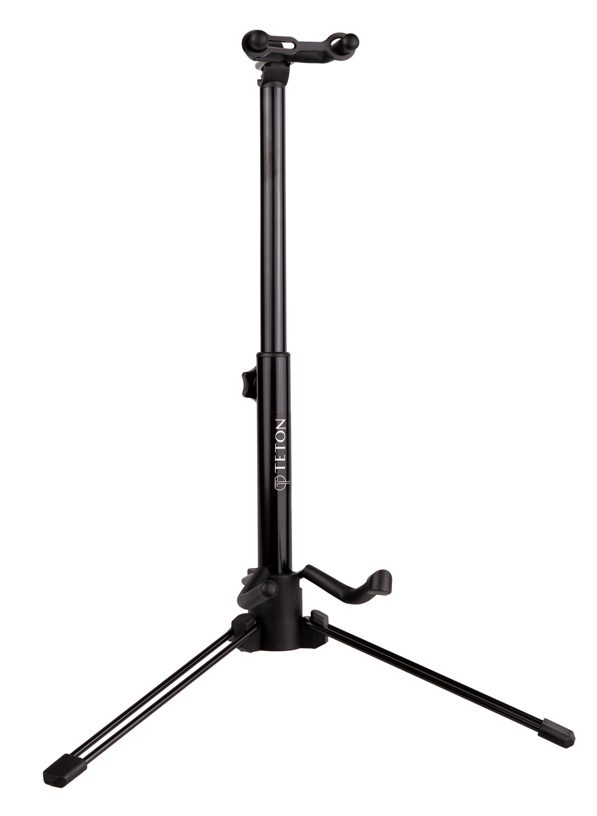 The image shows a black professional-grade tripod guitar stand with an adjustable central pole, three folding legs for stability, an upper cradle for the guitar neck, and a lower arm to support the body. The brand "DELTON" is visible on the pole. This sturdy, height-adjustable stand is used by guitarists to securely display and store acoustic or electric guitars in studios, on stage, or at home.