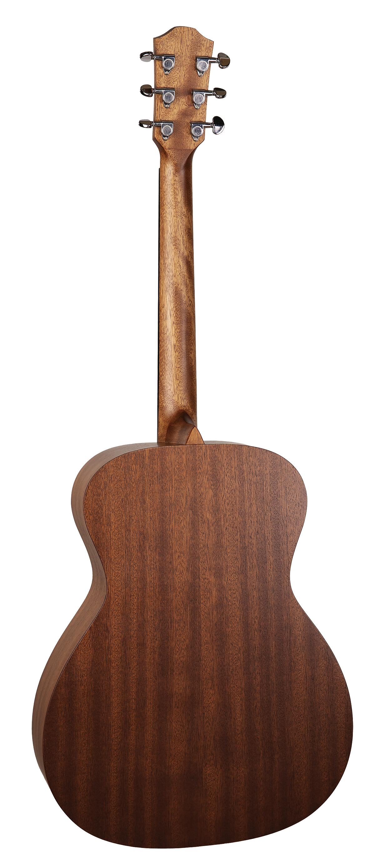 The image shows the back of a steel-string acoustic guitar with a warm brown wooden body featuring natural grain and a classic waisted shape. The neck extends to a traditional curved headstock with six chrome tuning pegs, each with white buttons. The finish appears to be a natural wood stain on hardwood, likely mahogany. The craftsmanship is clean and professional, typical of product photography highlighting back construction and tuning hardware.