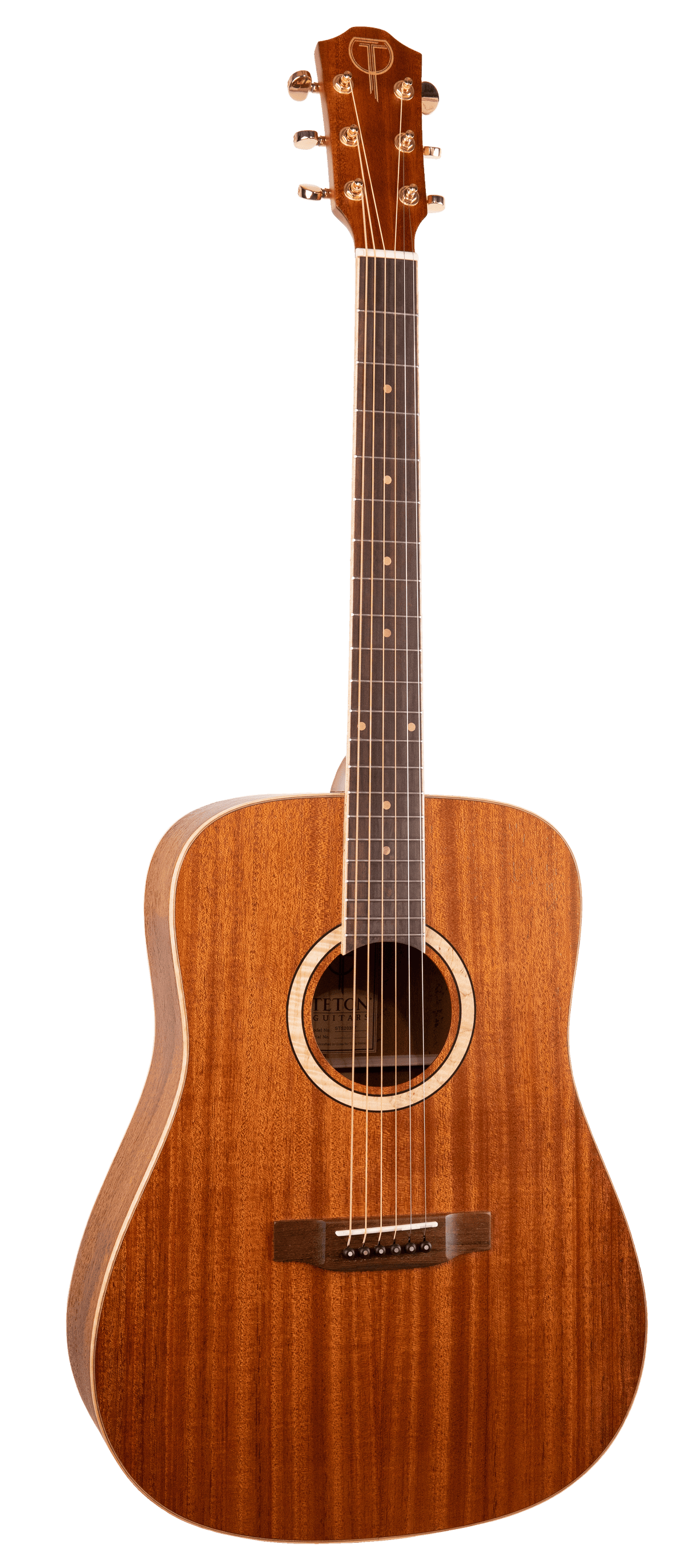 The image shows a dreadnought-style acoustic guitar with a rich mahogany finish and visible wood grain. It features six steel strings, gold-colored tuning pegs, a dark fretboard with inlays, and a wooden bridge. The guitar has binding along the body edges and a central sound hole. Photographed against a white background, it appears well-crafted with a smooth, polished finish, suitable for various musical styles.