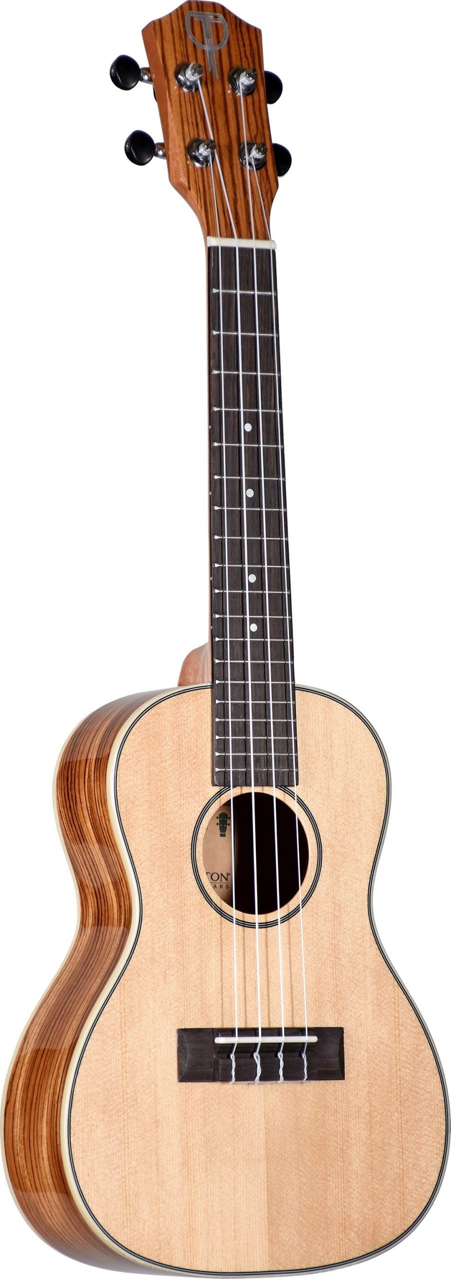 The image shows a beautiful ukulele with a light spruce top, striped zebrawood back and sides, and a dark fretboard with white inlays. It features four nylon strings, chrome tuning machines with black knobs, and a traditional sound hole with decorative binding. The classic figure-8 body has edge binding and a dark bridge. This mid to high-end concert or tenor ukulele combines quality materials and craftsmanship for both sound and visual appeal.