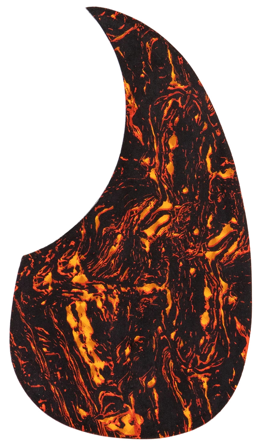 The image shows a teardrop-shaped guitar pickguard with a striking flame-like pattern. It features a black background with vibrant orange, red, and yellow swirls resembling flowing lava or fire. Made from a celluloid-style material, this decorative pickguard combines protection with a bold, eye-catching design that enhances the visual appeal of acoustic or electric guitars.