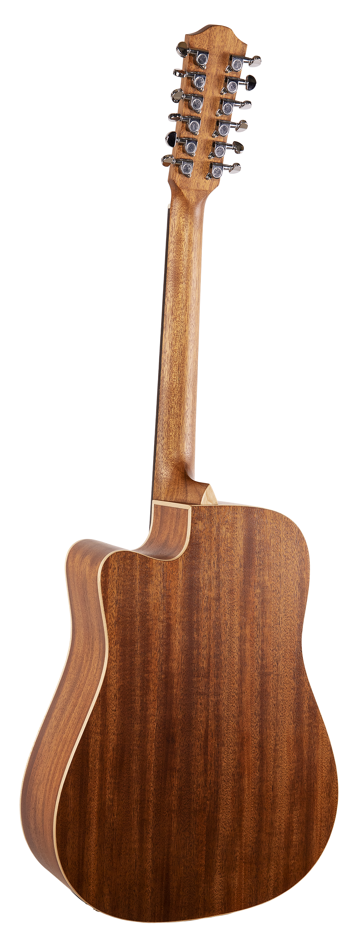 The image shows the back of a 12-string acoustic guitar with a warm brown wood finish, likely mahogany, featuring visible grain and light binding. It has a dreadnought-style body with a cutaway. The headstock displays 12 chrome tuning pegs in pairs. The guitar appears well-crafted with quality hardware, suited for fuller, richer sound typical of 12-string acoustics used in folk, rock, and acoustic genres.