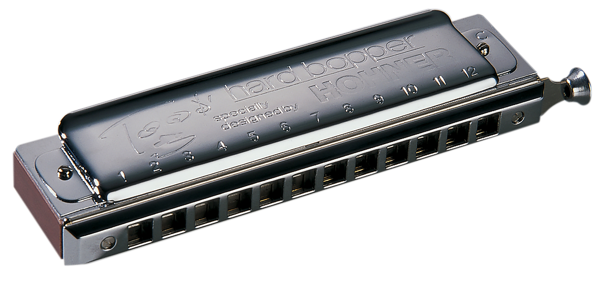 The image shows a Hohner Hard Bopper Pro Harp chromatic harmonica. It features a black and chrome finish with "Hard bopper" and "Pro Harp" branding on the top plate. The side-mounted chrome button enables access to sharps and flats. The 12-hole layout is visible, indicating a 3-octave range. This professional-grade instrument has metal cover plates and is commonly used in jazz and classical music for its full chromatic capabilities.