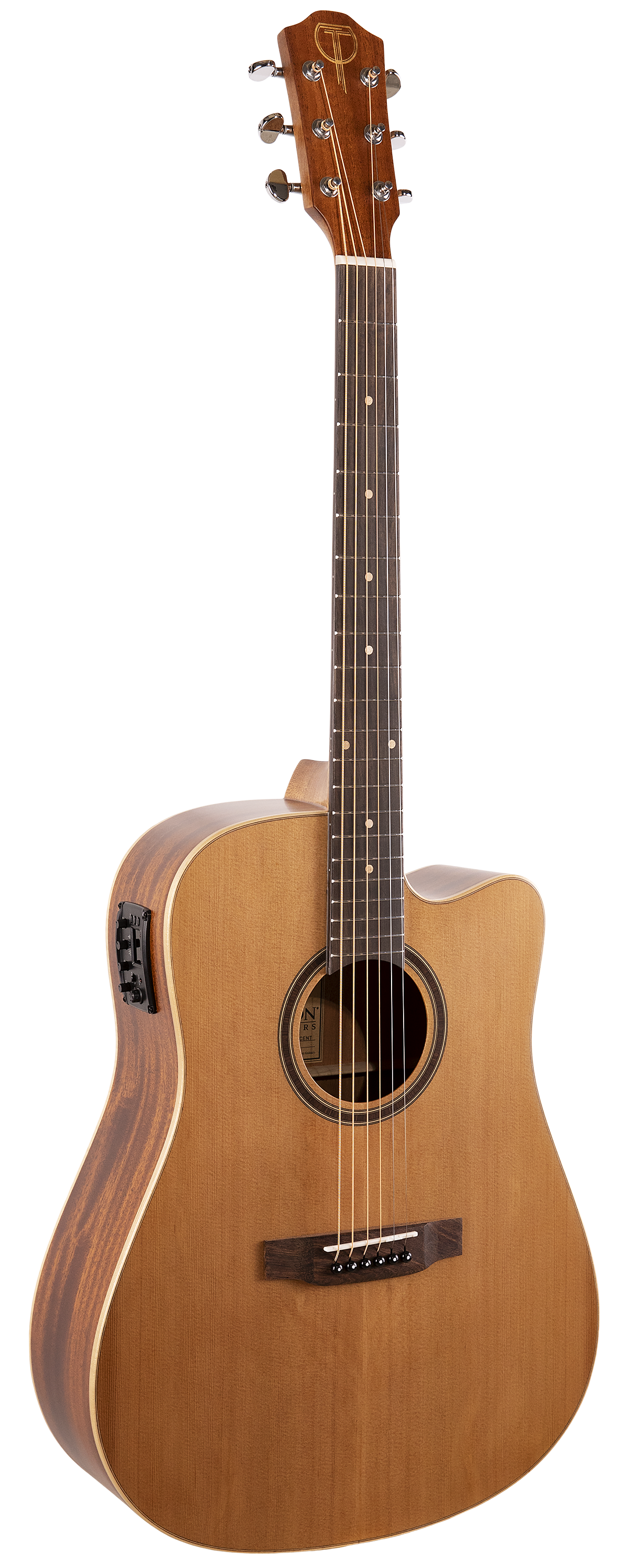 The image shows an acoustic-electric guitar with a single cutaway body, natural wood finish, and light-colored top with darker back and sides. It features side-mounted electronics, chrome tuning pegs, a dark wood bridge with a compensated saddle, a dark fretboard with dot markers, decorative leaf inlays on the headstock, and light binding around the body edges. This guitar suits both acoustic and amplified performances.