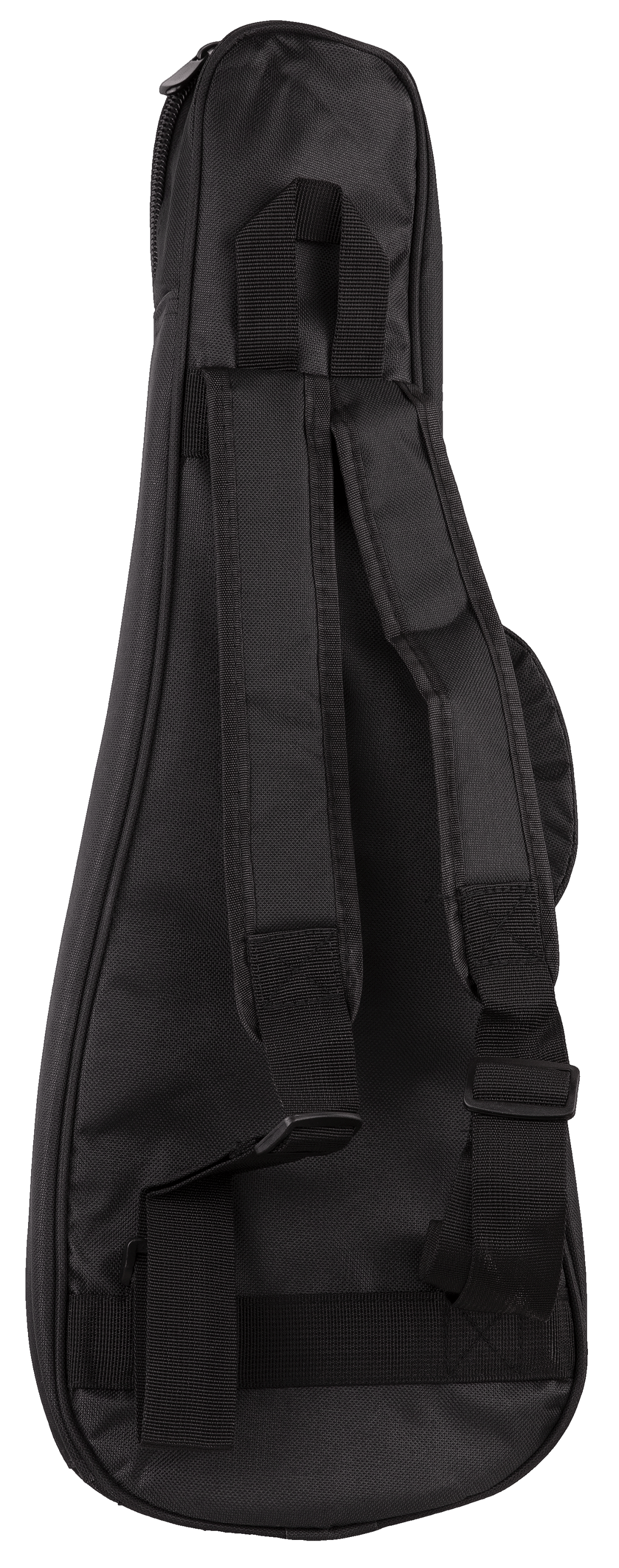 The image shows a black padded guitar gig bag designed for an acoustic guitar. It features durable fabric, adjustable backpack straps, a top handle, and multiple zippered compartments, including a front pocket for accessories. This lightweight soft case offers protection and convenient carrying options for transporting the guitar to lessons, performances, or practice.