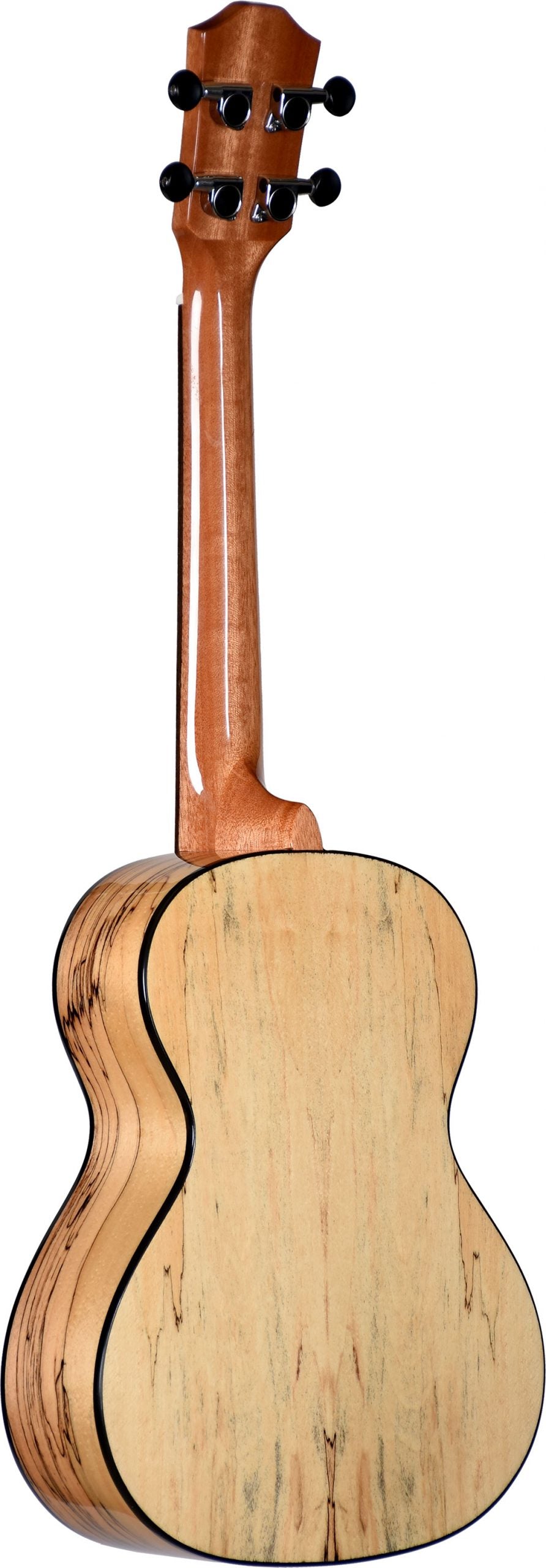 The image shows the back and headstock of a traditional acoustic ukulele, likely concert or tenor size. It features a glossy reddish-brown wooden headstock with four black tuning pegs in a 2+2 layout. The body has light-colored wood with visible grain and dark binding around the edges. This mid-range, four-string Hawaiian instrument combines contrasting woods and a clean finish, suitable for beginners and intermediate players.