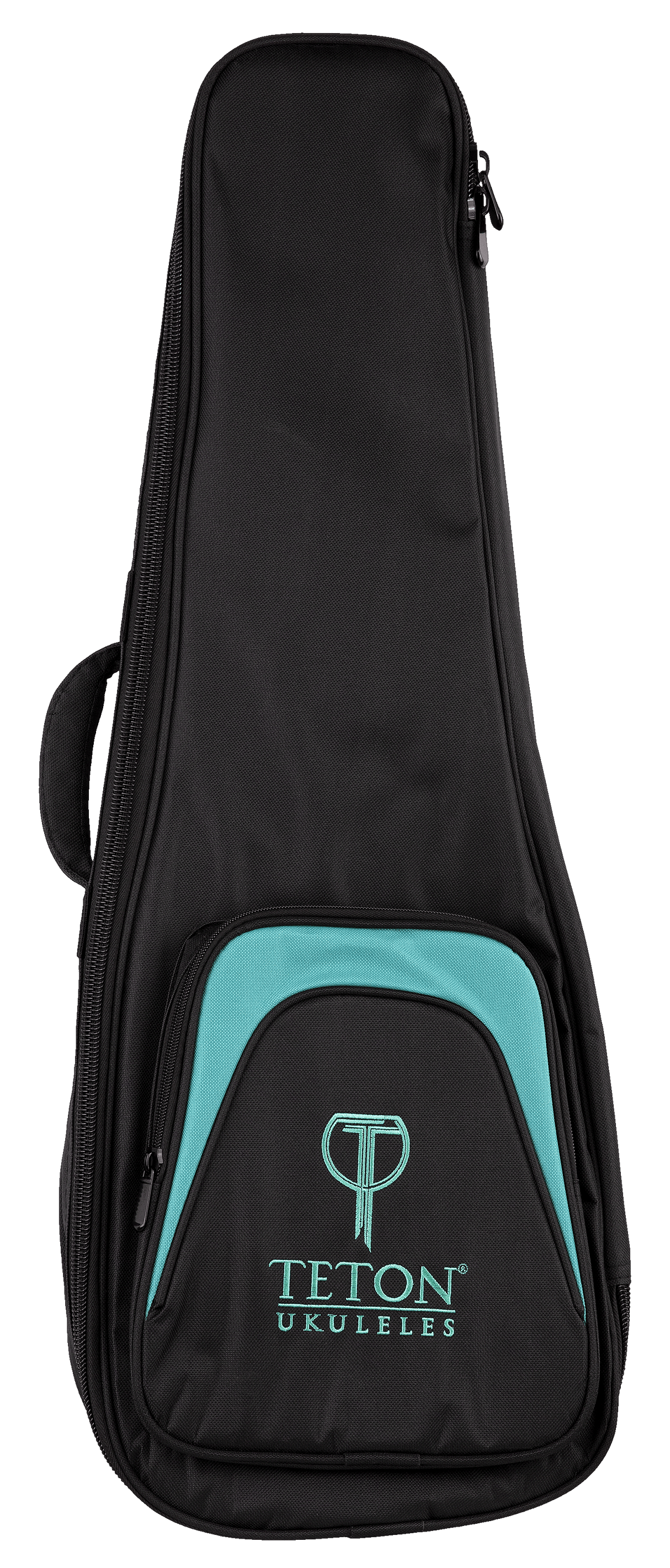 The image shows a TETON UKULELES black soft-shell ukulele gig bag with turquoise/teal accents on the front pocket. It features the TETON logo and "UKULELES" text, multiple zippers, a side handle, and padded construction for protection. This lightweight, portable case is designed to safeguard the instrument from minor bumps and weather, offering a professional look likely bundled with or sold for TETON ukuleles.