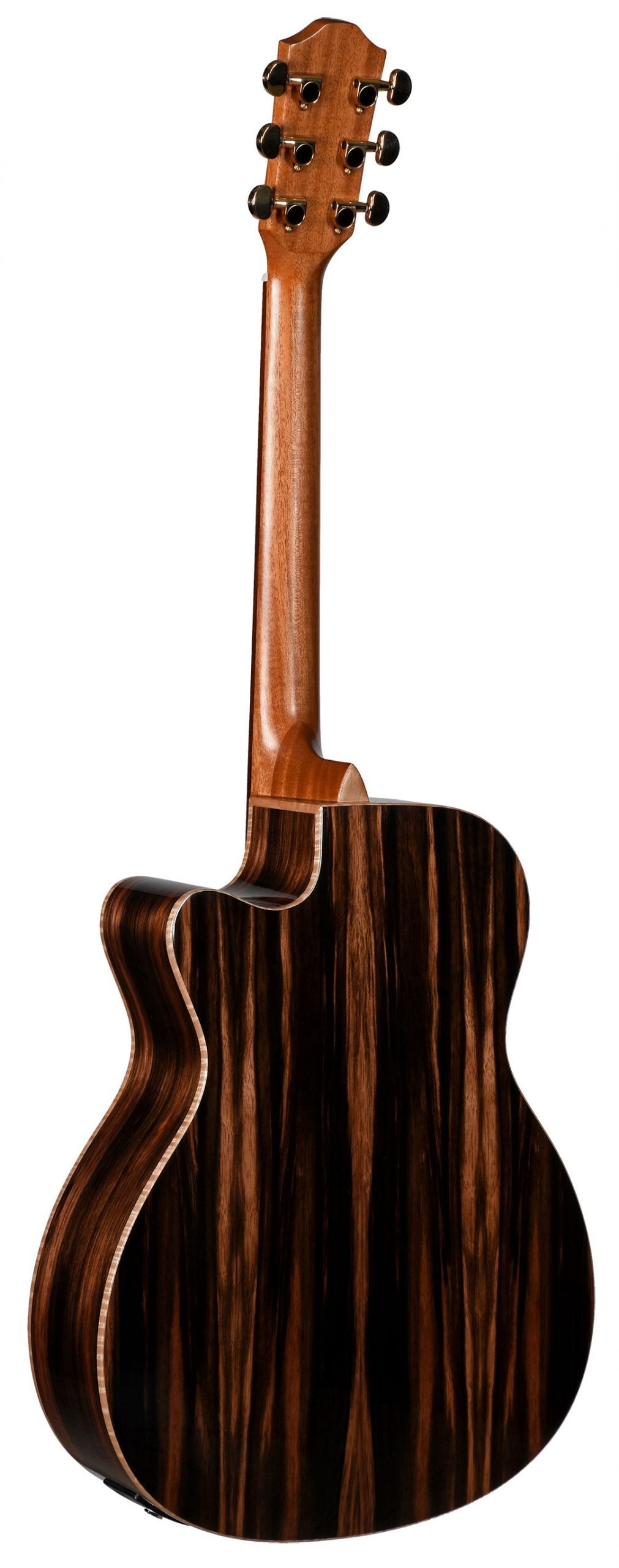 The image shows the back and side of an acoustic guitar with a cutaway design, featuring dark wood with striking vertical grain patterns, likely ebony or a similar exotic hardwood. The neck is a lighter wood, possibly mahogany or cedar. The headstock has six black tuning pegs (three per side). Photographed against a white background, the guitar appears to be a high-quality, professional-grade instrument.