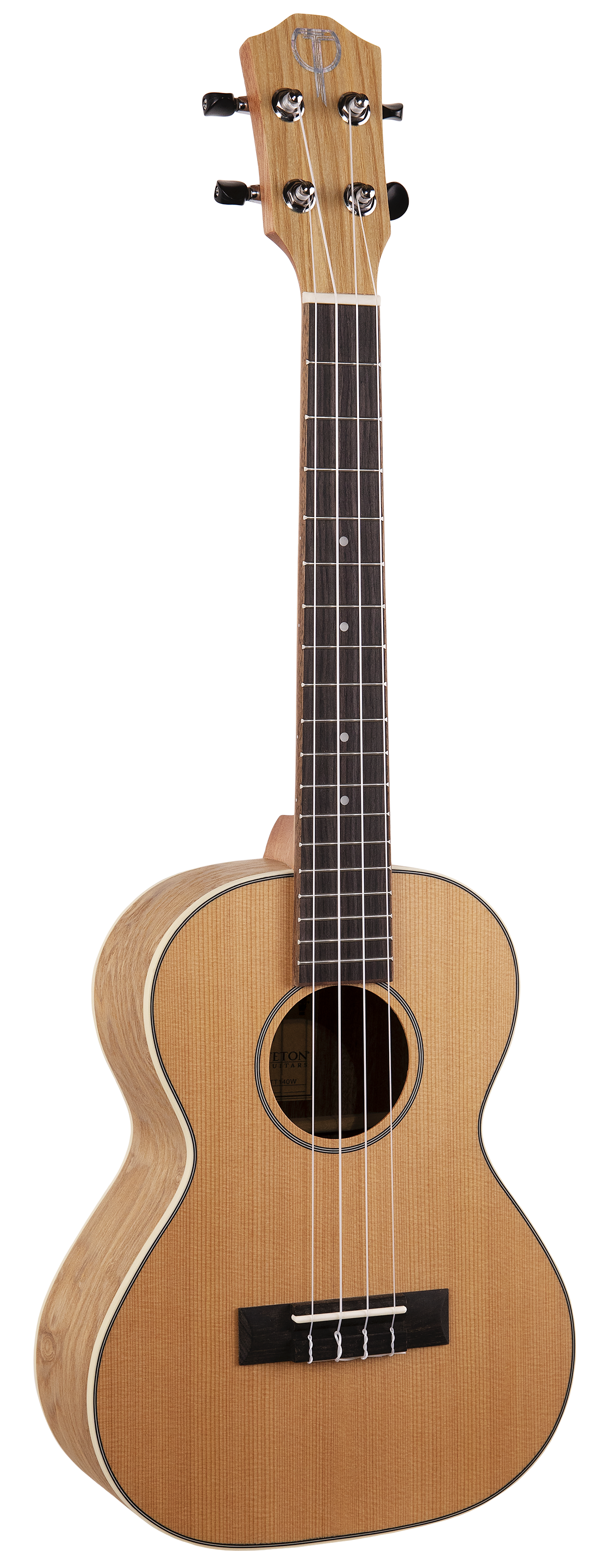 The image shows a tenor ukulele with a natural light wood finish, a dark fretboard with white markers, and four nylon strings. It has four tuning pegs in a 2x2 layout, a traditional figure-8 body with decorative binding, a central sound hole, and a black bridge. Its size is larger than soprano and concert ukuleles but smaller than baritone, suggesting a mid-to-high-end instrument suitable for various skill levels.