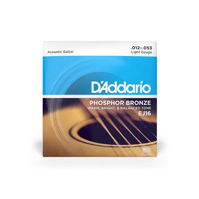 The image shows a package of D'Addario EJ16 Phosphor Bronze acoustic guitar strings in light gauge (.012-.053). The blue and orange packaging features an acoustic guitar sound hole. These strings offer a warm, bright, and balanced tone with longer durability due to phosphor content. Light gauge strings provide easier playability and bending, ideal for beginners and experienced players seeking lower string tension.