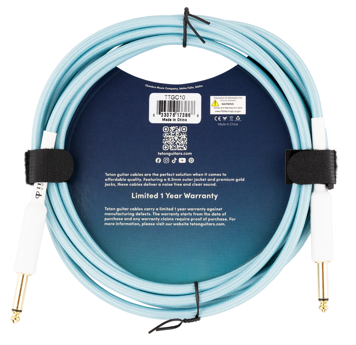 The image shows a coiled Teton TGC10 guitar cable with a light blue/turquoise braided jacket and gold-plated 1/4" jacks on both ends. It features black velcro straps for cable management and a circular info card. Designed for clear, noise-free sound, it has a 6.5mm outer jacket and comes with a 1-year limited warranty. Made by Chesebro Music Company, Idaho Falls, Idaho, this professional-grade instrument cable suits guitars, basses, and audio gear.
