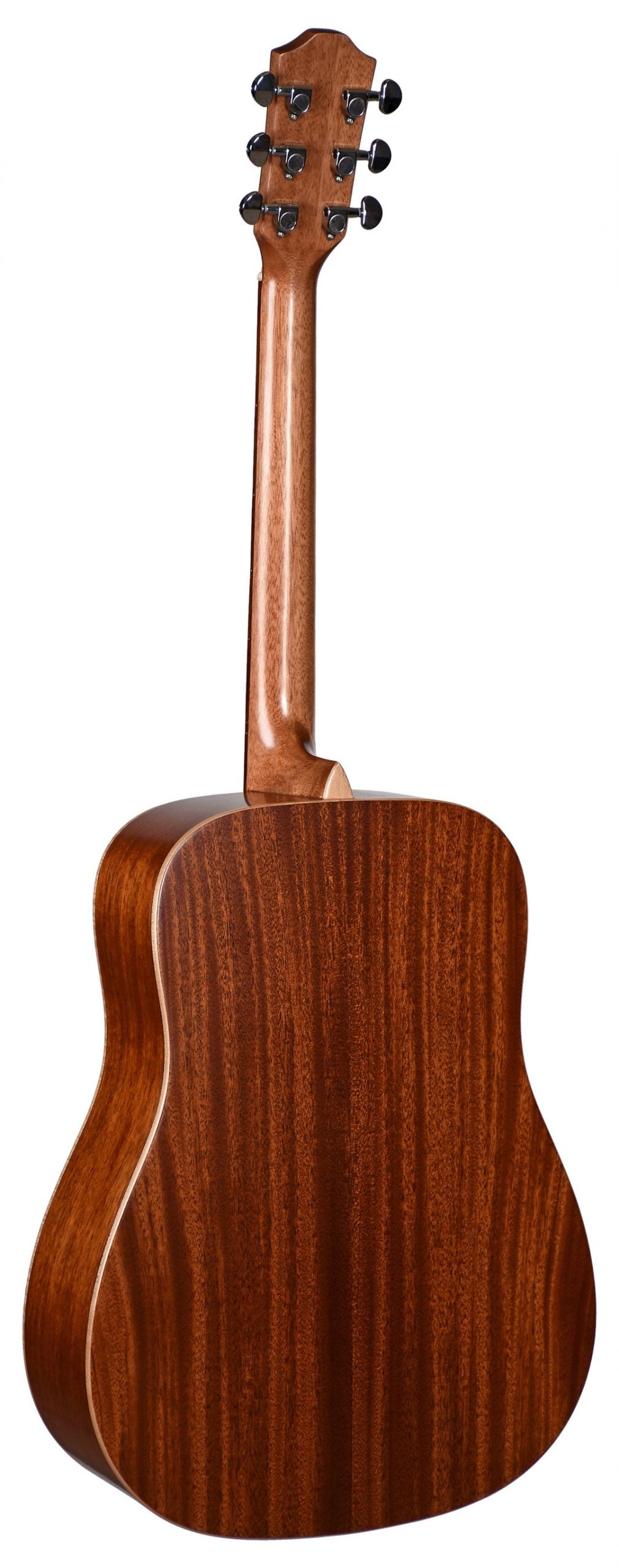 The image shows the back of an acoustic guitar with a reddish-brown wood body and neck, likely mahogany, featuring light-colored binding along the edges. It has six black tuning pegs in a 3+3 configuration on the headstock. The guitar has a dreadnought-style body with a glossy finish and prominent wood grain, indicating high-quality craftsmanship typical of traditional acoustic guitars.