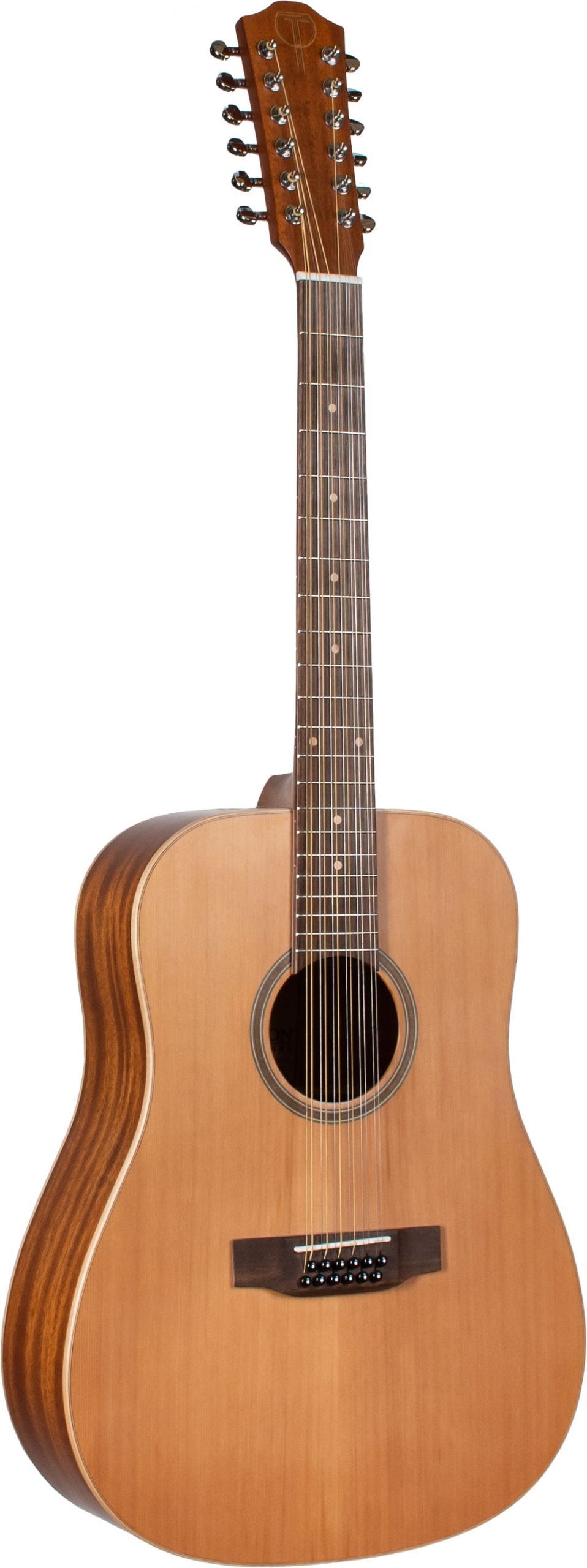 The image shows a 12-string acoustic guitar with a dreadnought body, natural spruce top, and darker wood back and sides, likely mahogany. It features 12 tuning pegs on the headstock, a rosewood fretboard with dot markers, a light-colored soundhole rosette, and chrome tuning machines. Known for its rich, shimmering tone, this guitar is ideal for folk, rock, and country styles.