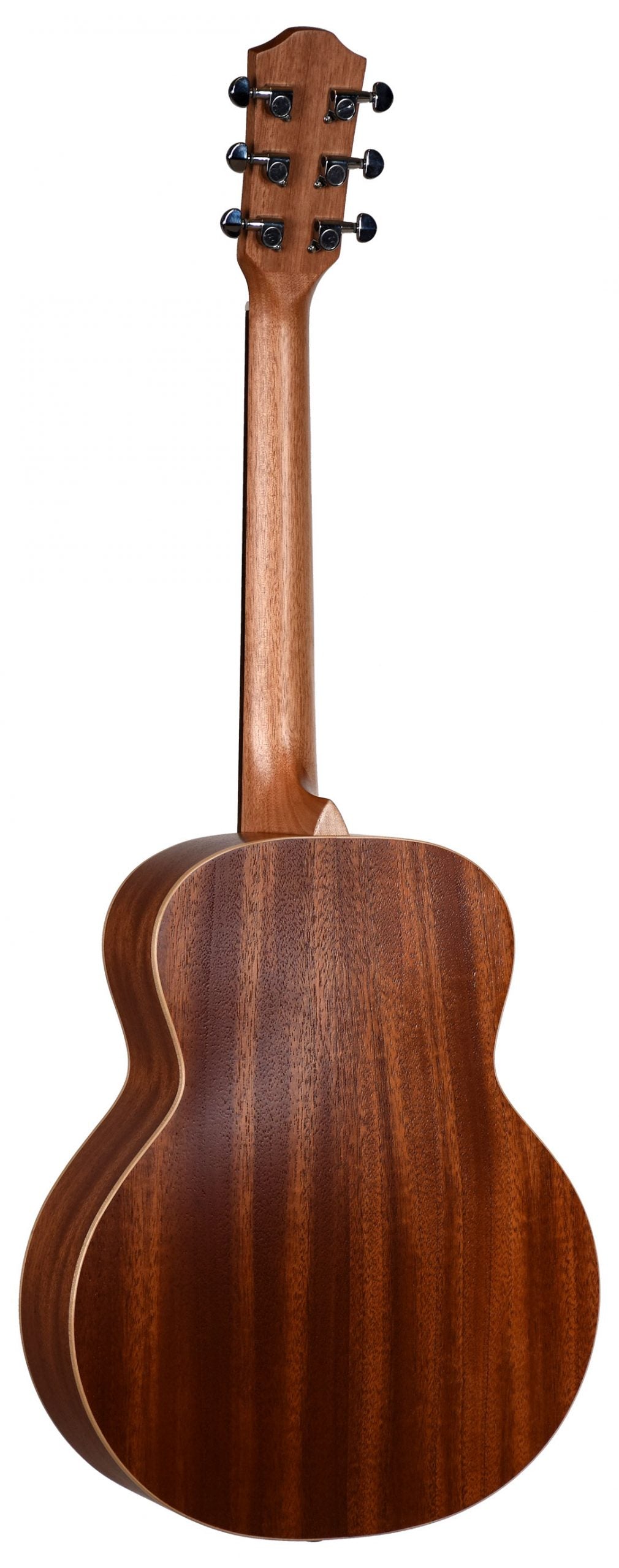 The image shows the back of an acoustic guitar with a rich brown wood grain finish, likely mahogany, and light-colored binding. It features six black sealed tuning pegs in a 3+3 layout on a traditional headstock. The guitar has a classic body shape, smooth neck, and appears well-crafted with quality materials and hardware. The photo is taken against a white background, highlighting the instrument’s fine construction and detail.
