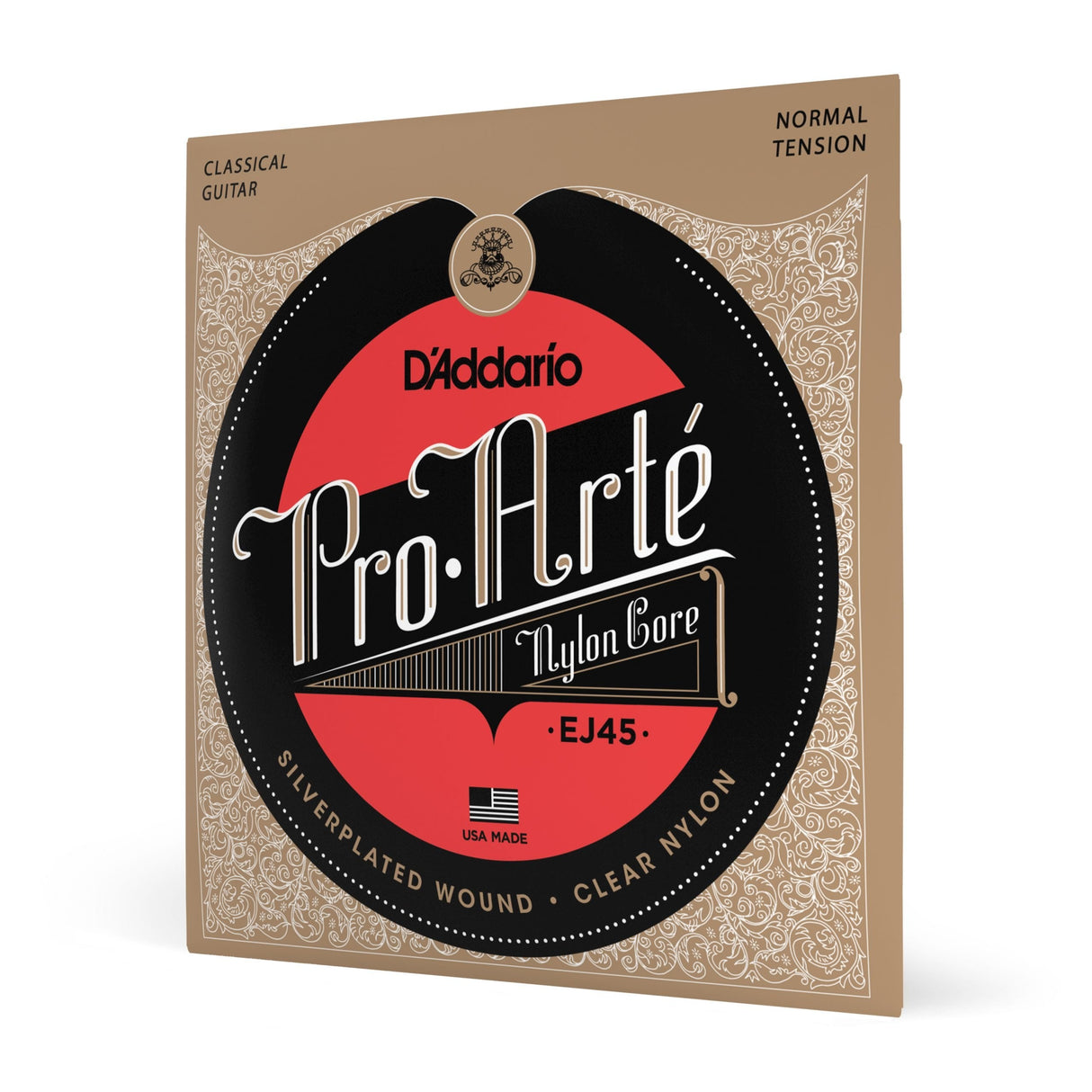 The image shows a package of D'Addario Pro-Arté EJ45 classical guitar strings. These nylon core, normal tension strings feature silver-plated wound basses and clear nylon trebles. The packaging has a tan background with decorative scrollwork and a central black and red logo. Made in the USA, this popular premium set offers warm tone and reliable intonation, suitable for students and professionals alike.