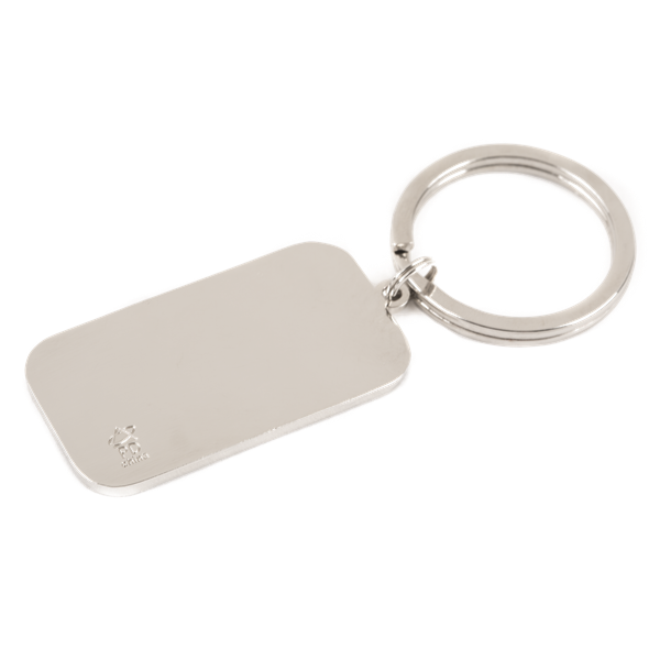 The image shows a plain, silver-colored metallic keychain with a rectangular tag attached to a key ring. There are no clear details indicating a connection to the musical instrument industry. If related, it might be a promotional item or branded accessory from a music store or instrument maker, but no specific logos or text are visible. Additional context is needed to confirm its relevance to musical instruments.