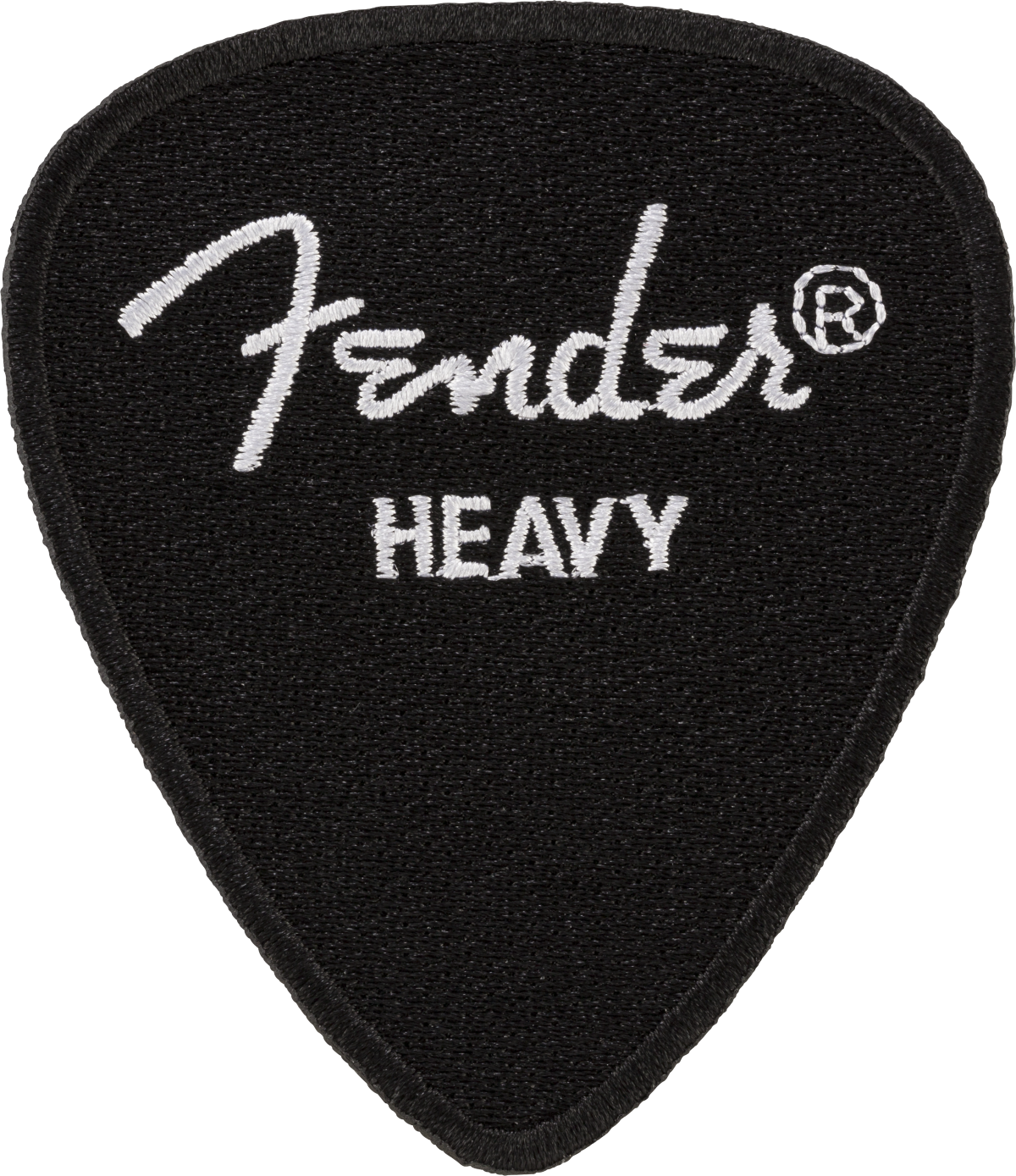 The image shows a black Fender guitar pick with a textured surface and the white Fender logo along with the registered trademark symbol. It is marked "HEAVY," indicating a thicker pick preferred for rigidity and control, popular among lead guitarists and single-note players. Fender is a well-known brand in guitars and accessories.