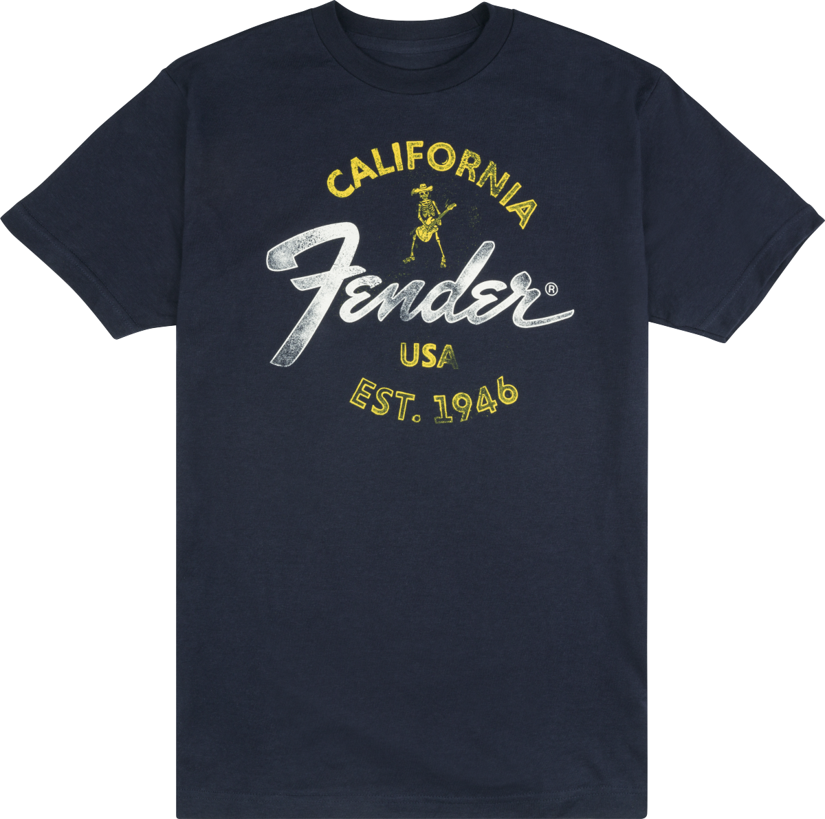 The image shows a navy blue Fender t-shirt featuring the iconic Fender logo. The design includes yellow "CALIFORNIA" text, the classic white Fender script, a small vintage-style skeleton guitarist graphic, "USA," and "EST. 1946." This branded apparel represents Fender, a legendary guitar and amplifier maker founded in California in 1946, popular among musicians and music fans.