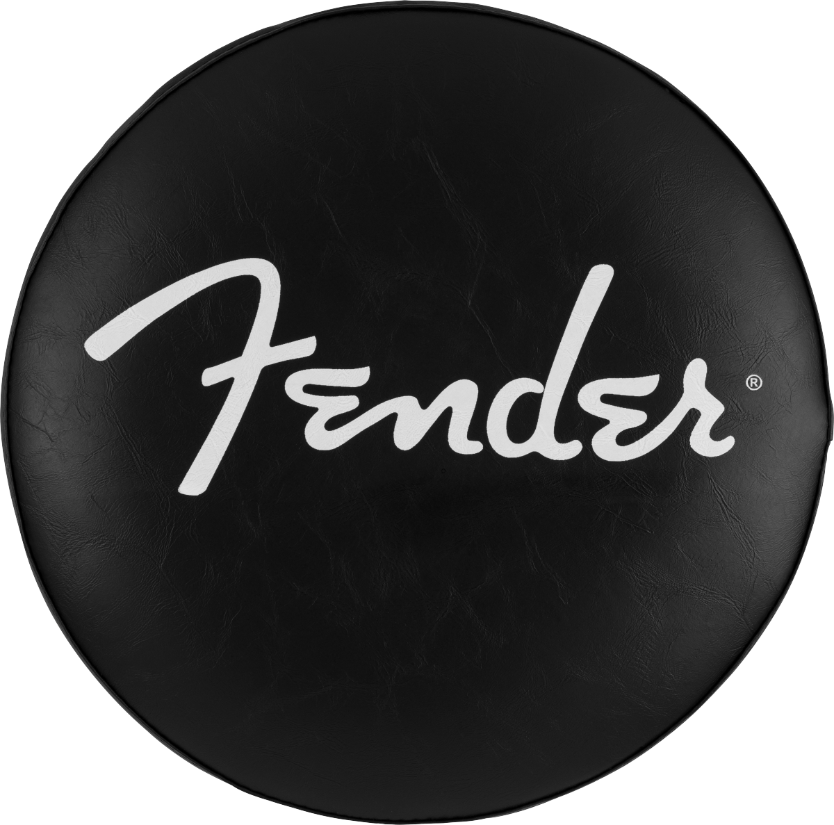 The image shows a Fender-branded bar stool with a circular black vinyl seat featuring the white Fender logo and registered trademark symbol in the center. The textured, leather-like seat has visible wear, adding character. This type of stool is commonly used in music studios, guitar shops, and home music rooms as a stylish accessory from the well-known guitar and amplifier brand Fender.