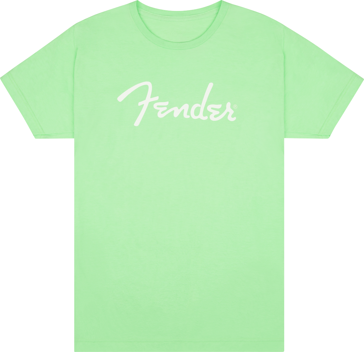 The image shows a light green t-shirt with the iconic white "Fender" logo across the chest. Fender is a legendary musical instrument brand known for classic electric guitars like the Stratocaster and Telecaster, as well as amplifiers. This official Fender apparel allows musicians and fans to express their connection to the brand beyond instruments.