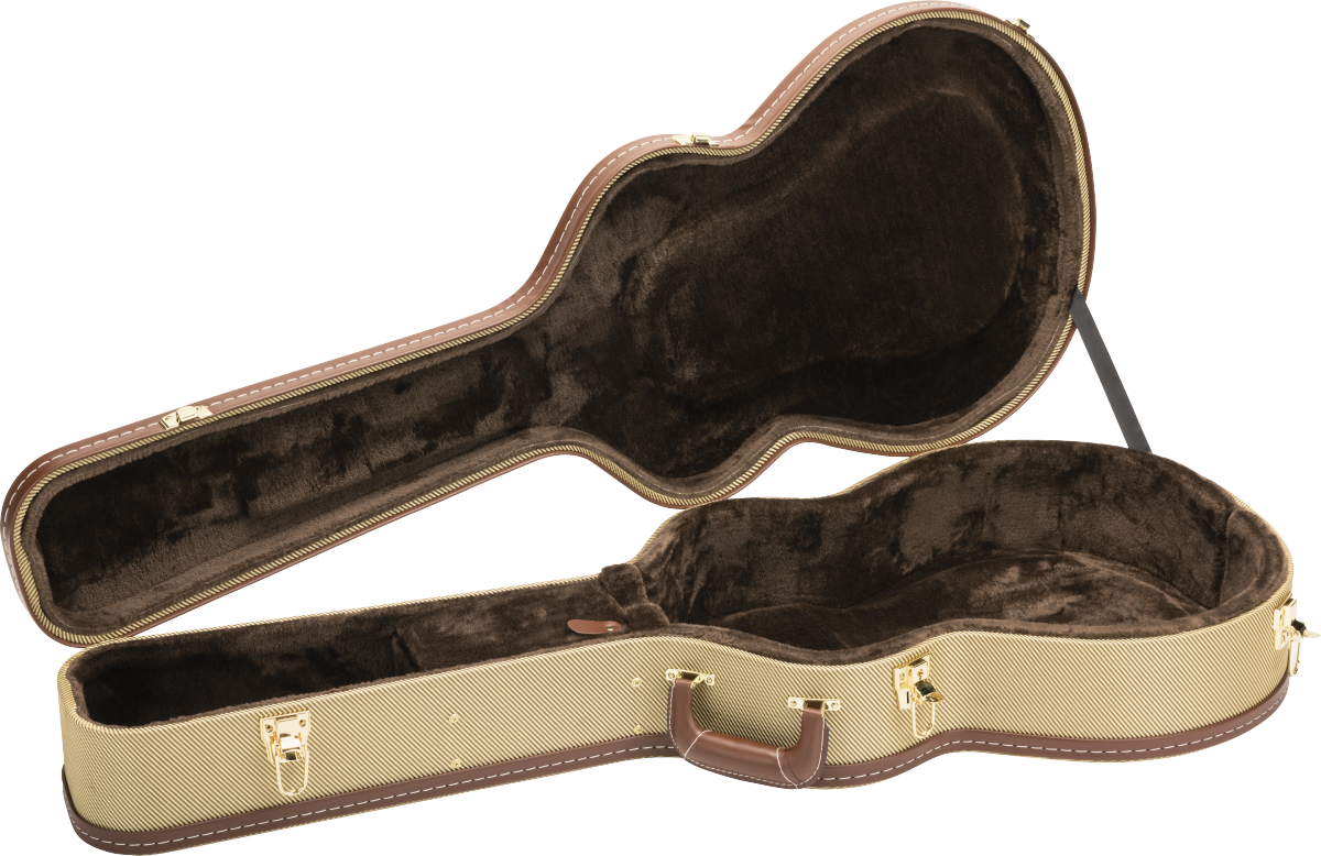 The image shows an open hard shell guitar case with a tan tweed exterior and brown leather trim. It features gold metal latches, a brown leather handle, and a guitar-shaped interior lined with dark plush velvet to protect the instrument. The vintage-style case offers sturdy protection, ideal for safely transporting acoustic or electric guitars, and complements classic or high-end instruments.