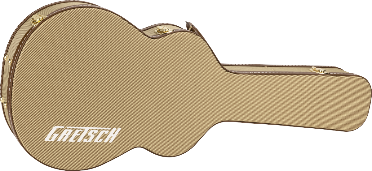 The image shows a high-quality hard case for an acoustic guitar with a tan tweed fabric exterior. It features a guitar-shaped profile, gold metal latches, hinges, and reinforced corners. The case is marked with the brand "FHARITI" and designed for strong protection during transport, combining vintage style with durable, professional-grade construction.