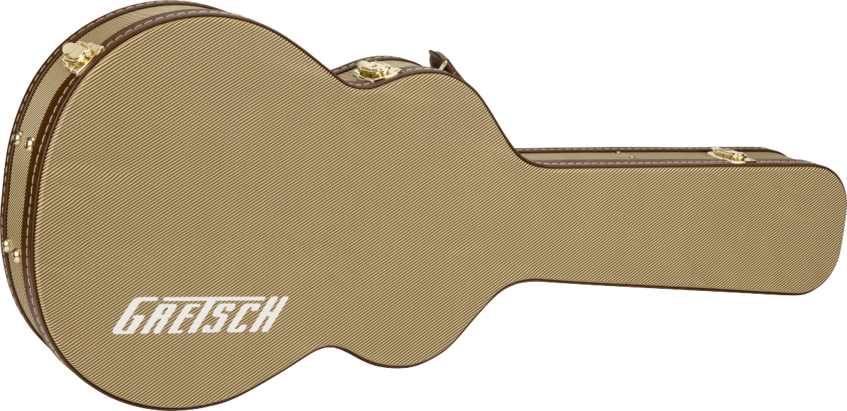 The image shows a hardshell guitar case with a classic tweed or tan woven fabric exterior, brown leather or vinyl binding, and gold-colored latches. It features the "GRETSCH" logo and a guitar-shaped design. This premium case is designed to protect and transport guitars, likely for Gretsch instruments, offering durable construction and high-quality hardware for secure storage and travel.