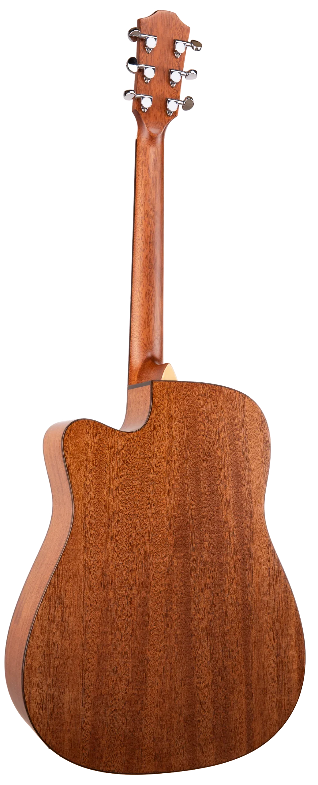 The image shows the back view of a wooden acoustic guitar with a warm brown finish highlighting natural grain patterns. Visible features include a headstock with six tuning pegs (3 per side), a long neck, a curved dreadnought-style body with decorative binding, and a glossy or semi-gloss finish. The guitar is shown against a white background, emphasizing its quality craftsmanship and wood construction.