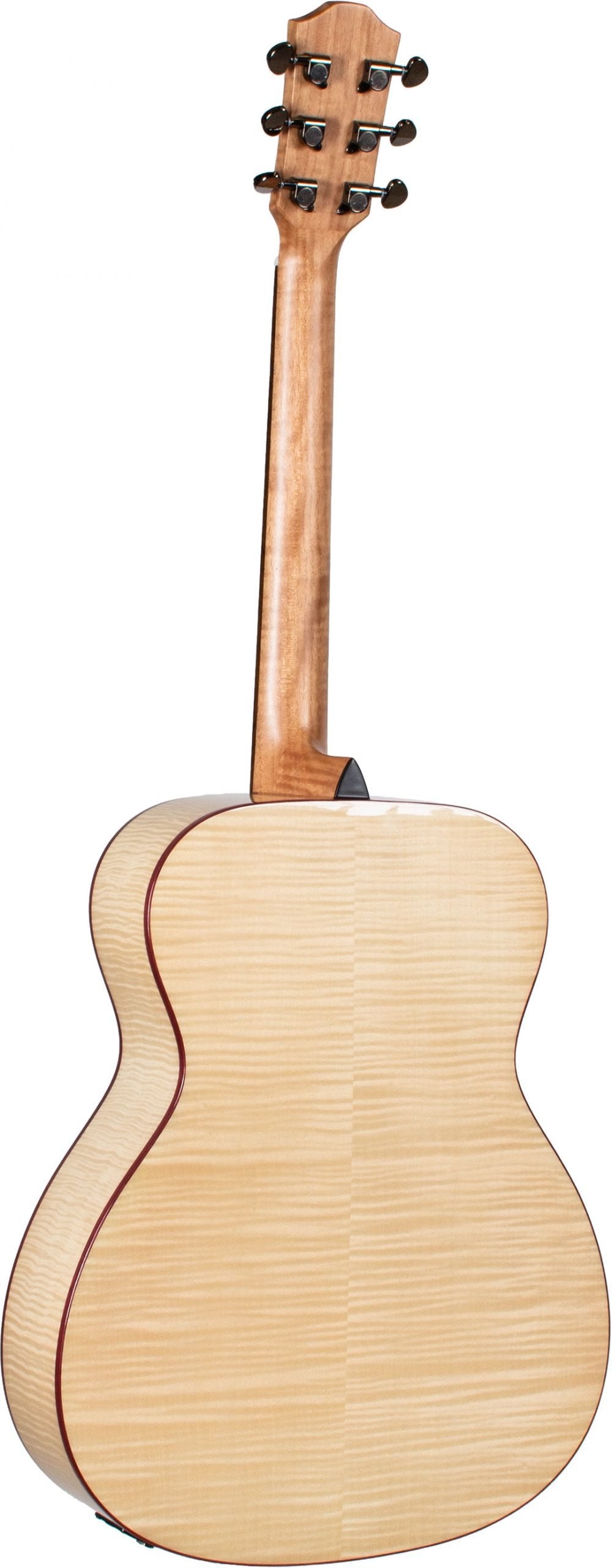 The image shows the back of a steel-string acoustic guitar with a natural wood finish and visible grain on the body and neck. It has a classic curved body shape with reddish-brown binding around the edges. The headstock features six black-tipped tuning pegs arranged in a 3+3 layout. The neck is smooth and polished, and the guitar appears well-crafted with clean lines and professional finishing.