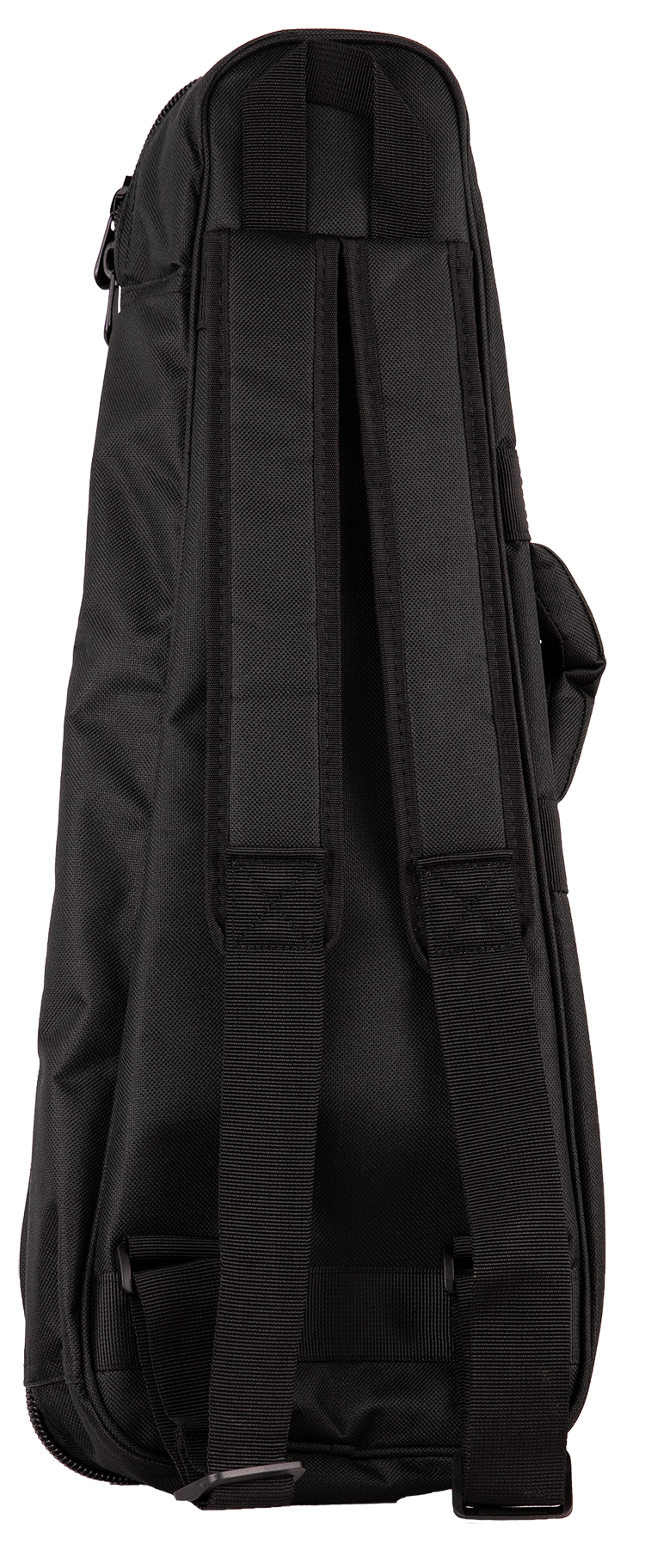 The image shows a black, durable gig bag designed to carry and protect a string instrument, likely a violin, viola, or small guitar. It features padded protection, heavy-duty zippers, external pockets for accessories, and multiple carrying options including backpack straps and a top handle. This lightweight, portable case is ideal for musicians needing safe, hands-free transport of their instrument.