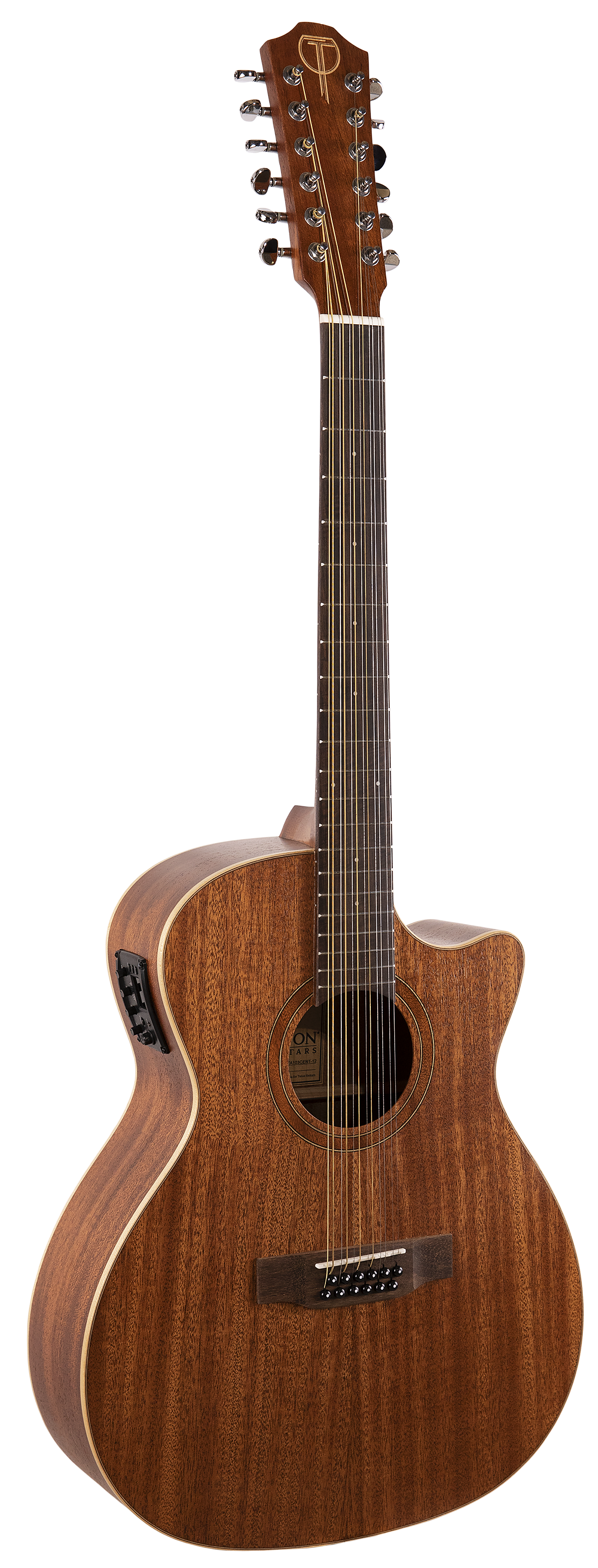 The image shows a 12-string acoustic guitar with a natural wood finish and a cutaway body. It features two rows of tuning pegs on the headstock for its paired strings, producing a richer tone than a 6-string guitar. The cutaway allows easier access to higher frets, and an electronic control panel on the side indicates built-in electronics for amplification.